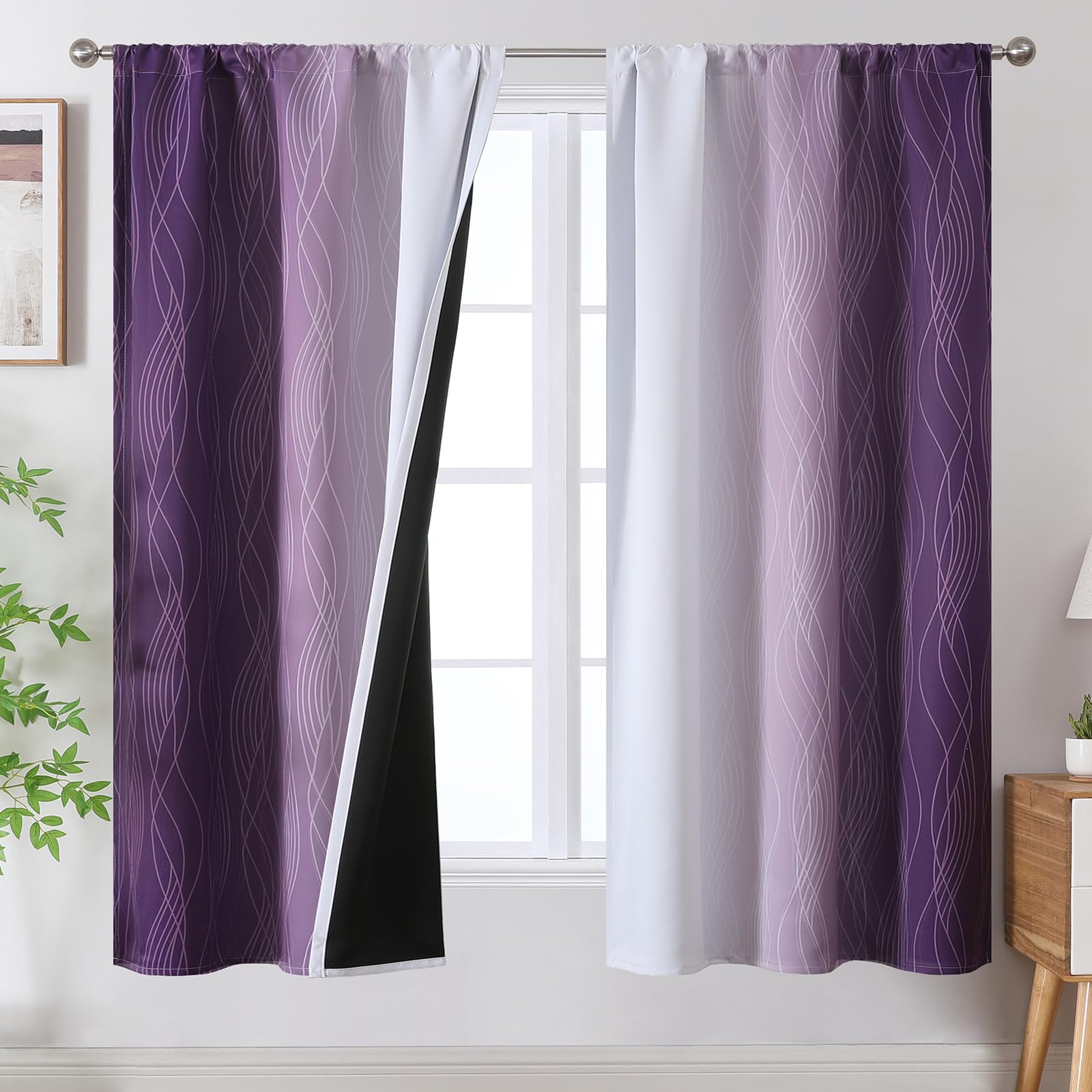 Estelar Textiler Purple And Greyish White Ombre Blackout Curtains 63 Inch Length, Rod Pocket Thermal Insulated Curtains For Girl