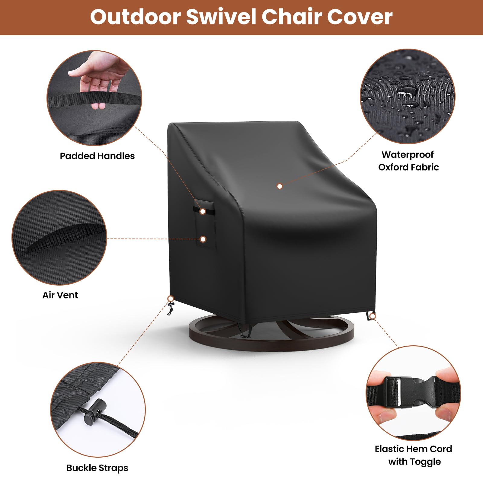 Mrrihand Patio Chair Covers, 2 Pack Outdoor Swivel Lounge Chair Cover, Heavy Duty Patio Rocking Chair Covers, Patio Furniture Covers Waterproof, 30' W×34' D×38.5' H, Black