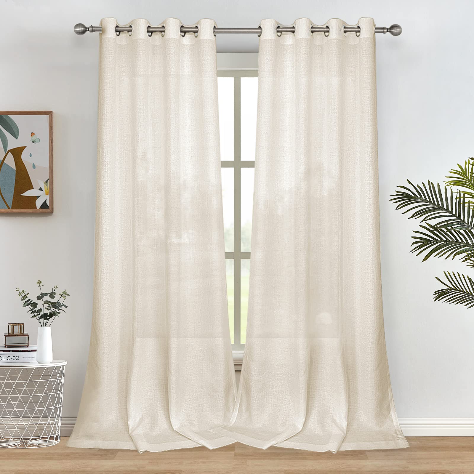 Melodieux Beige Linen Semi Sheer Curtains 96 Inches Long For Living Room Bedroom Flax Linen Grommet Voile Drapes, 52 By 96 Inch