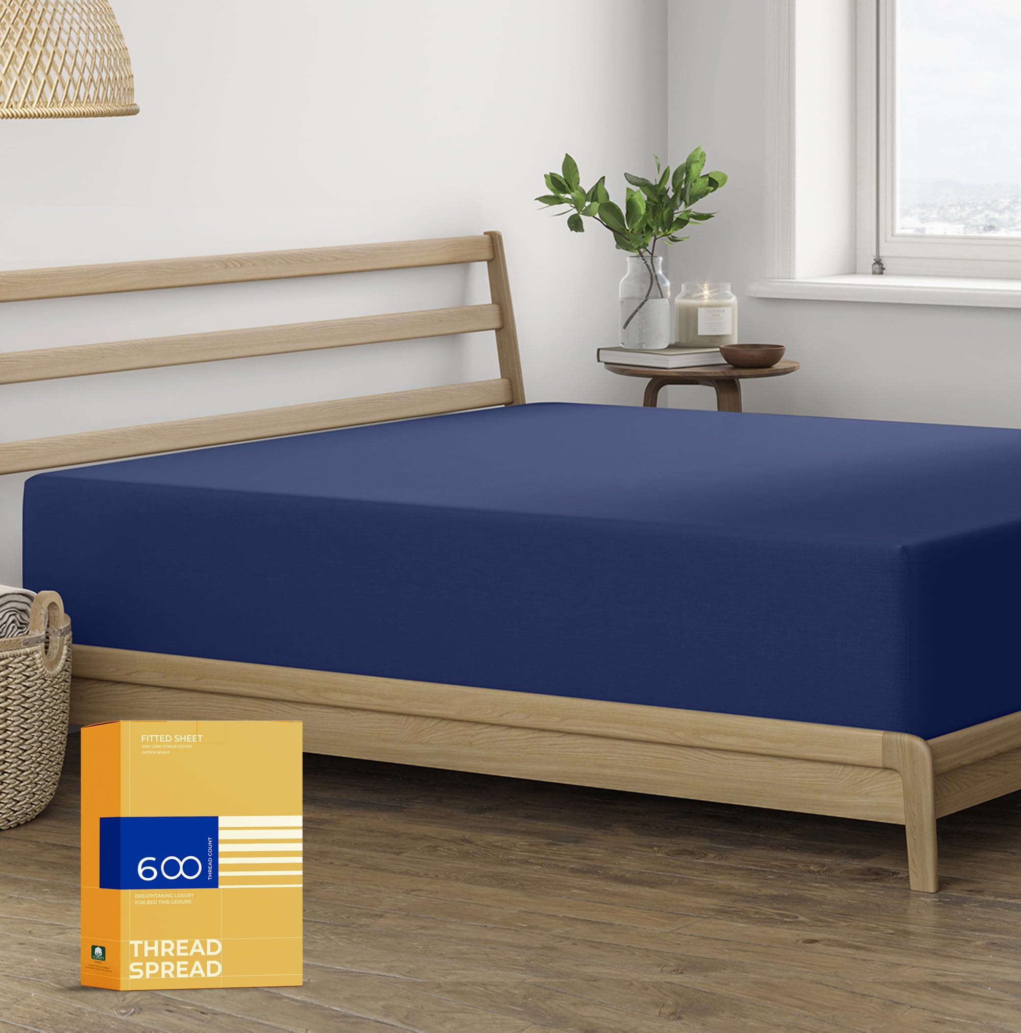 Thread Spread King Size Fitted Sheet Only - 100% Egyptian Cotton 600 Thread Count 16' Deep Pocket King Fitted Sheet, Cotton Fitted Sheet King Size, Soft Cooling Sateen Weave Bottom Sheet - Navy Blue
