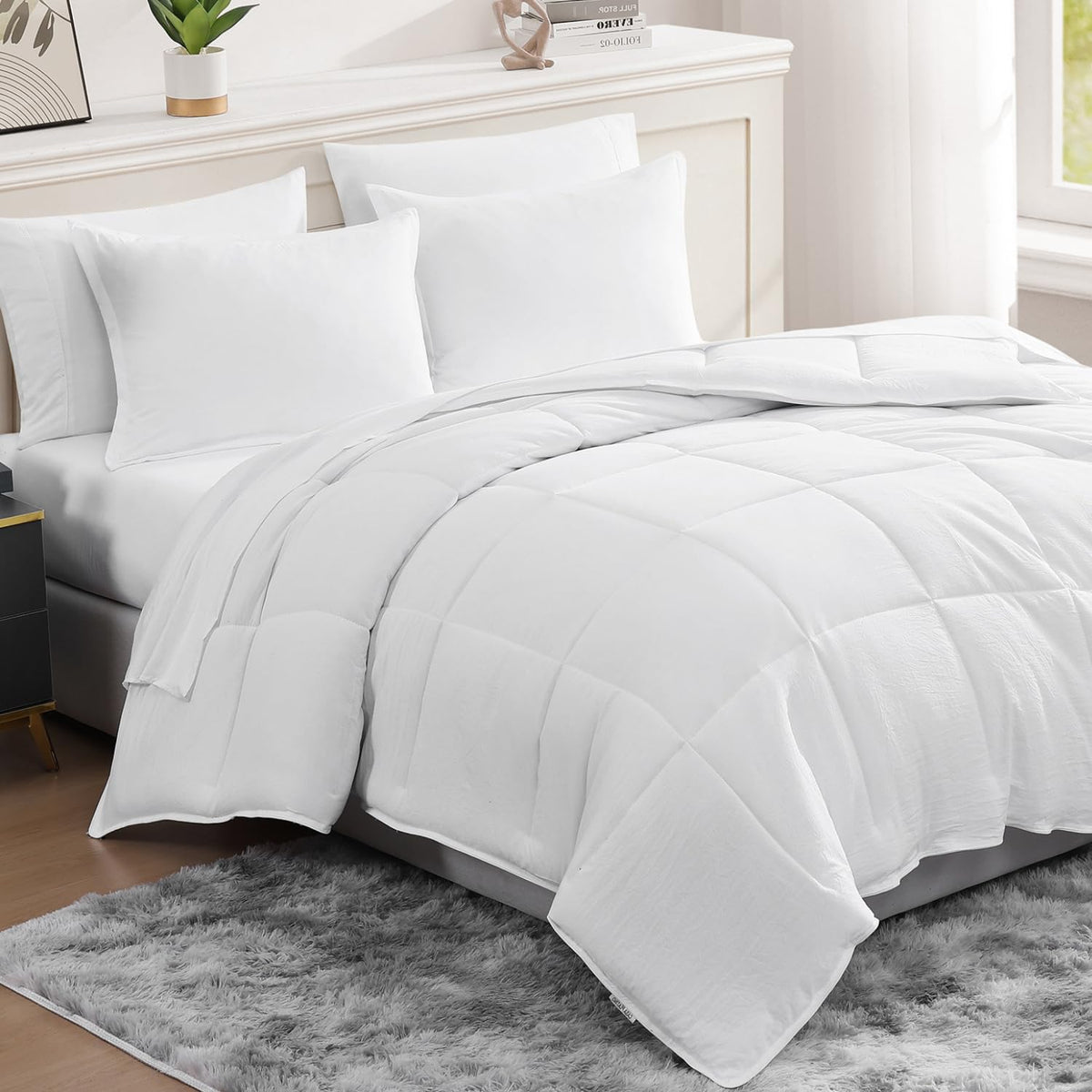 Casa Platino White Queen Comforter Set Pre-Washed- 7 Piece Bed In A Bag - Soft Brushed Microfiber Queen Comforter Set - Bed In A