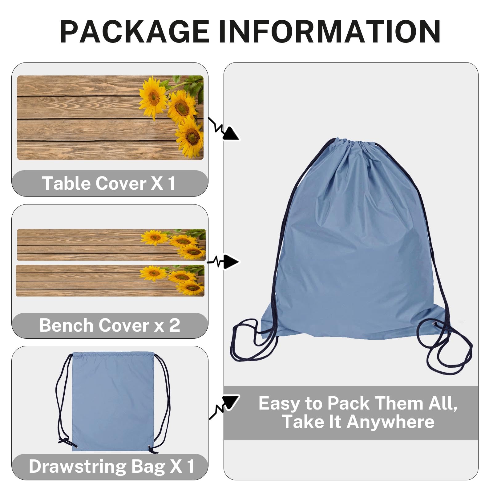 Nesphy Sunflower Wooden Picnic Table Cover With Bench Covers, Rustic Summer Floral Farmhouse Outdoor Camping Essentials 6Ft 3Pcs