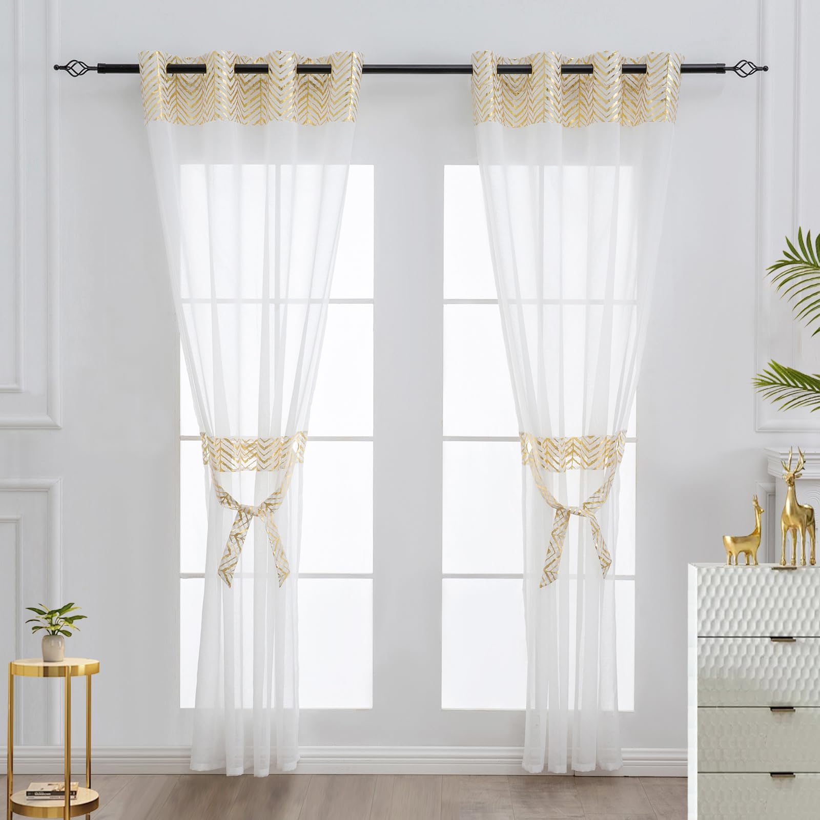 L.Z.E White Sheer Curtains 63 Inch Length 2 Panels Linen Sheer Curtains For Living Room White And Gold Curtains With Tiebacks Fo