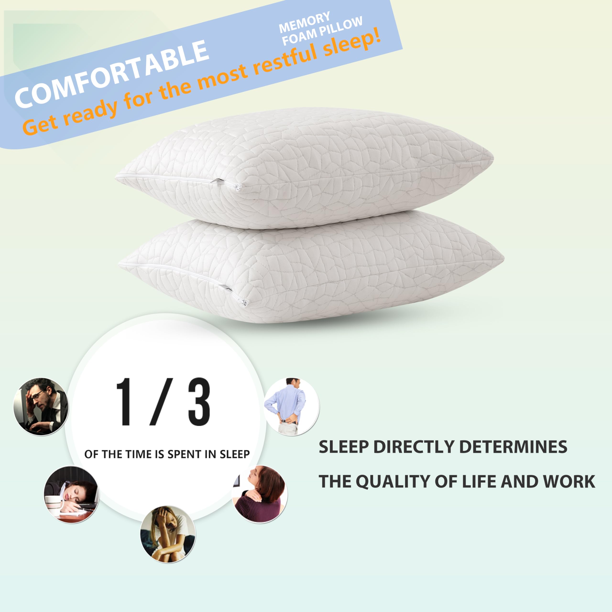 RGTIME King Size Shredded Memory Foam Pillows - Adjustable, Cooling, 2-Pack for Side, Back & Stomach Sleepers, Washable Cover, White