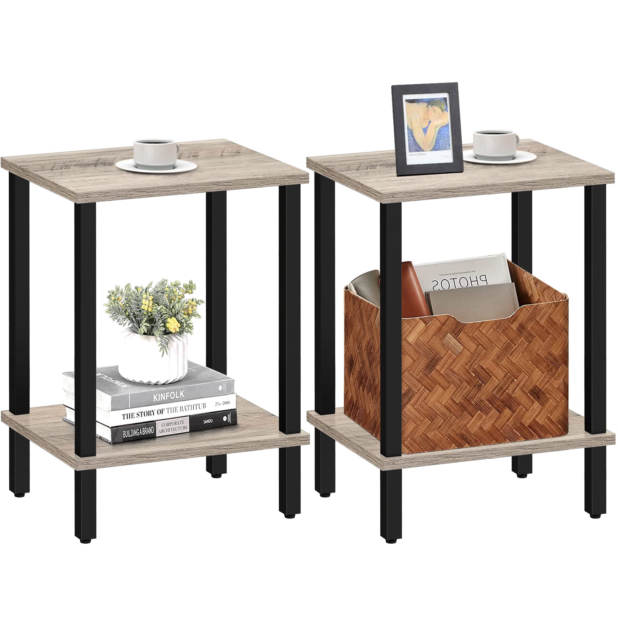 Tutotak End Table, Set Of 2, Side Table, Nightstand, 2-Tier Storage Shelf, Sofa Table For Small Space, Living Room, Bed Room Tb01Bg035