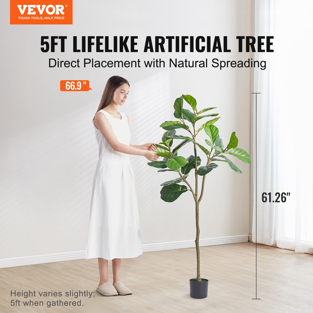 Vevor Artificial Fiddle Leaf Fig Tree, 5 Ft, Secure Pe Material & Anti-Tip Tilt Protection Low-Maintenance Faux Plant, Lifelike