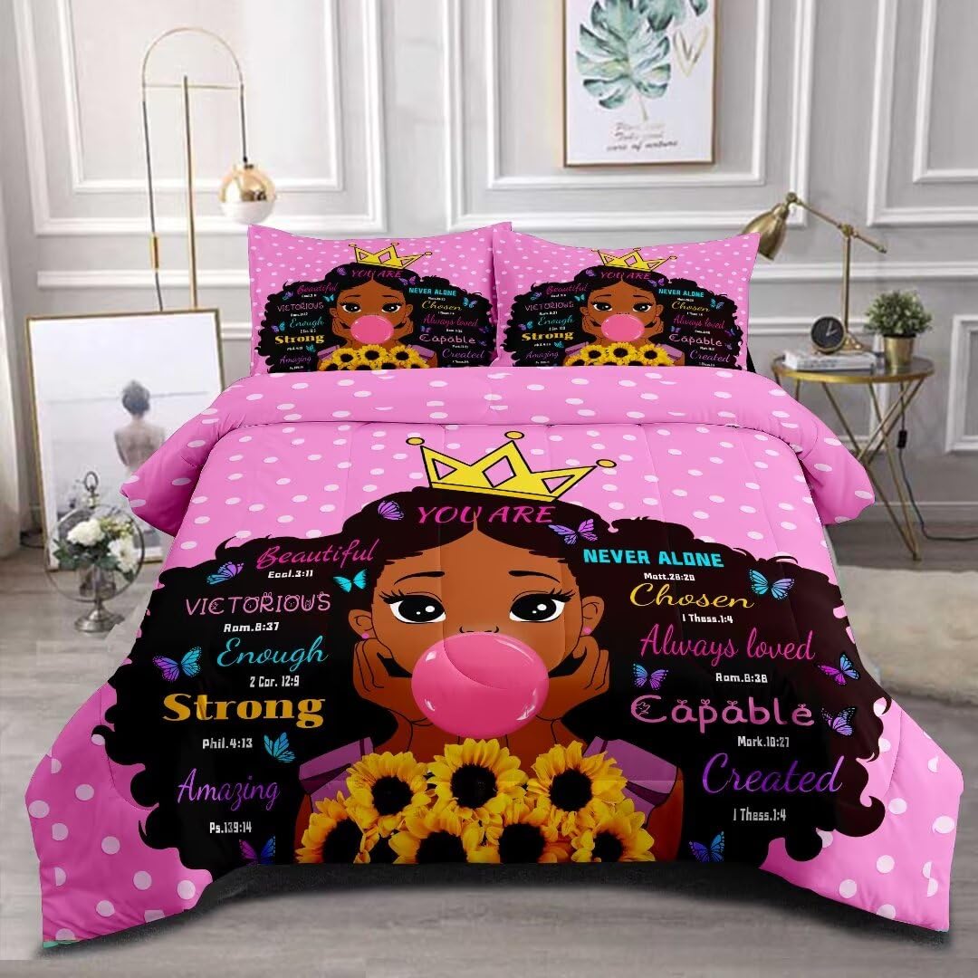 Grat Tioc Bedding Set, Full Black Girl Magic Comforter Set For Kids Teens, 3 Pieces, Includes Inspiring Quotes, Black Princess,