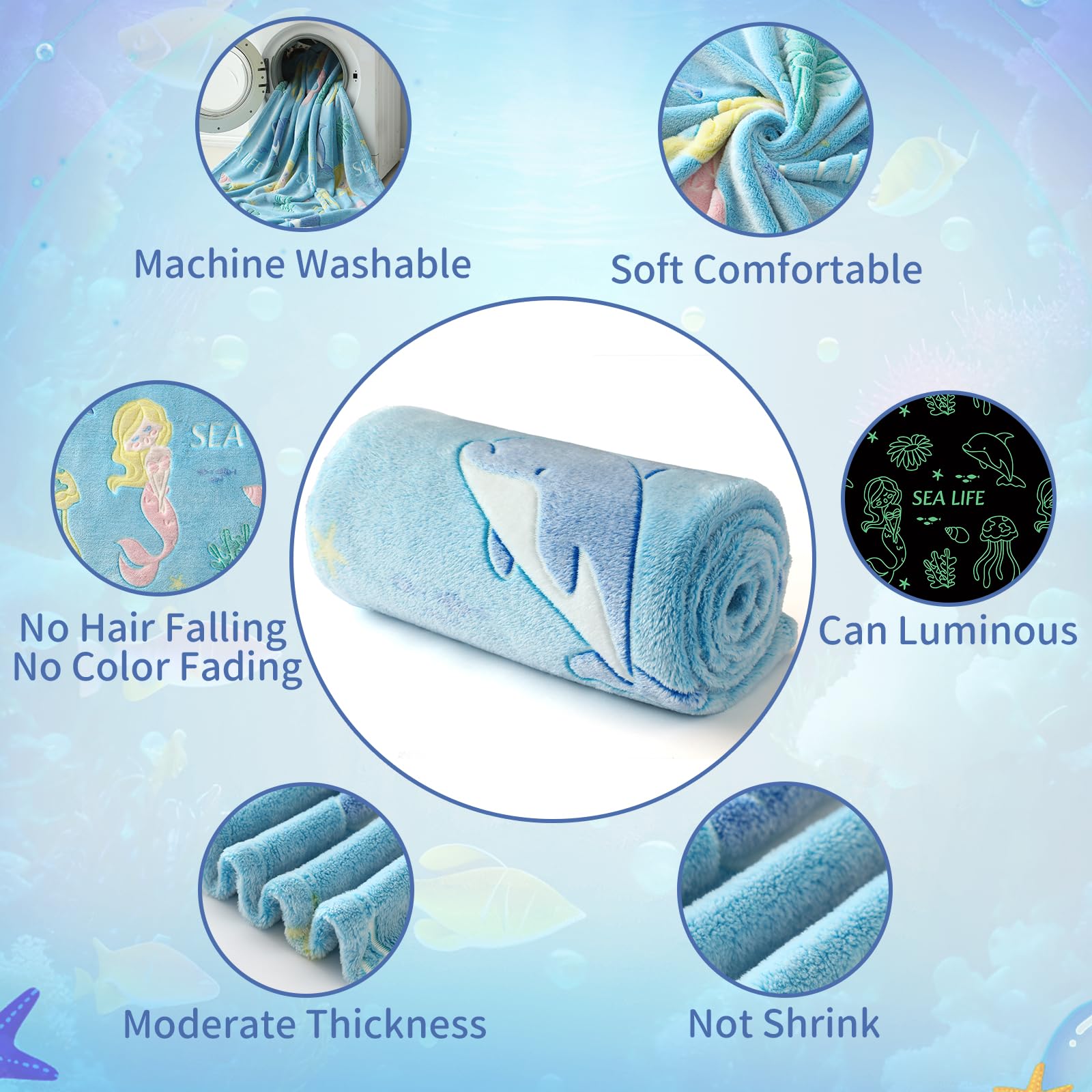 Lifeyj Glow In The Dark Blanket Mermaid Whale Gifts For Girls, Soft Marine Life Blanket 3 4 5 6 7 8 9 10 Year Old Girl Gifts, To