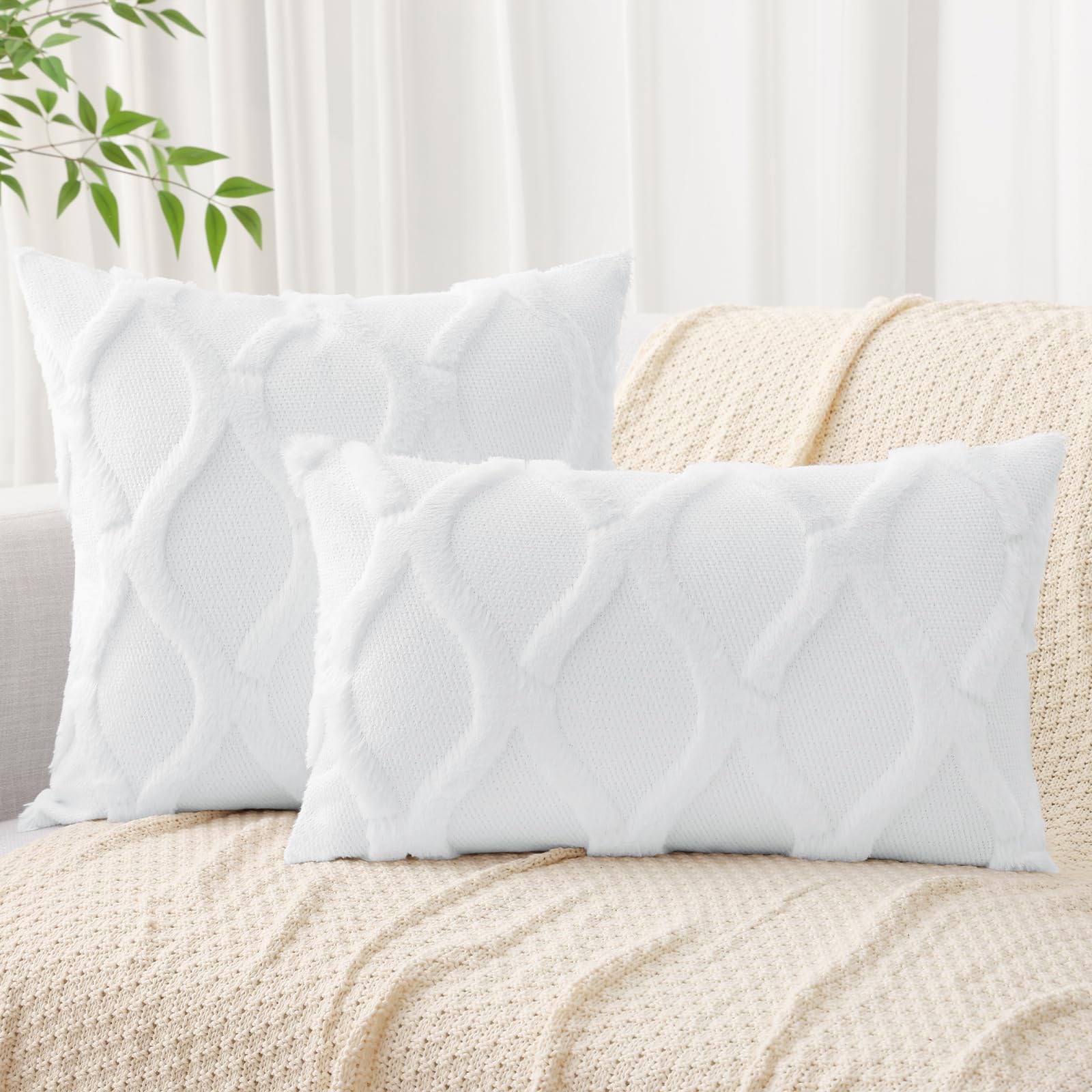 Decoruhome Throw Pillow Covers 12X20 Inch Set Of 2, Soft Plush Faux Fur Wool Lumbar Pure White Couch Pillow Covers, Decorative Pillow Cases For Bed Sofa Living Room Home Decor