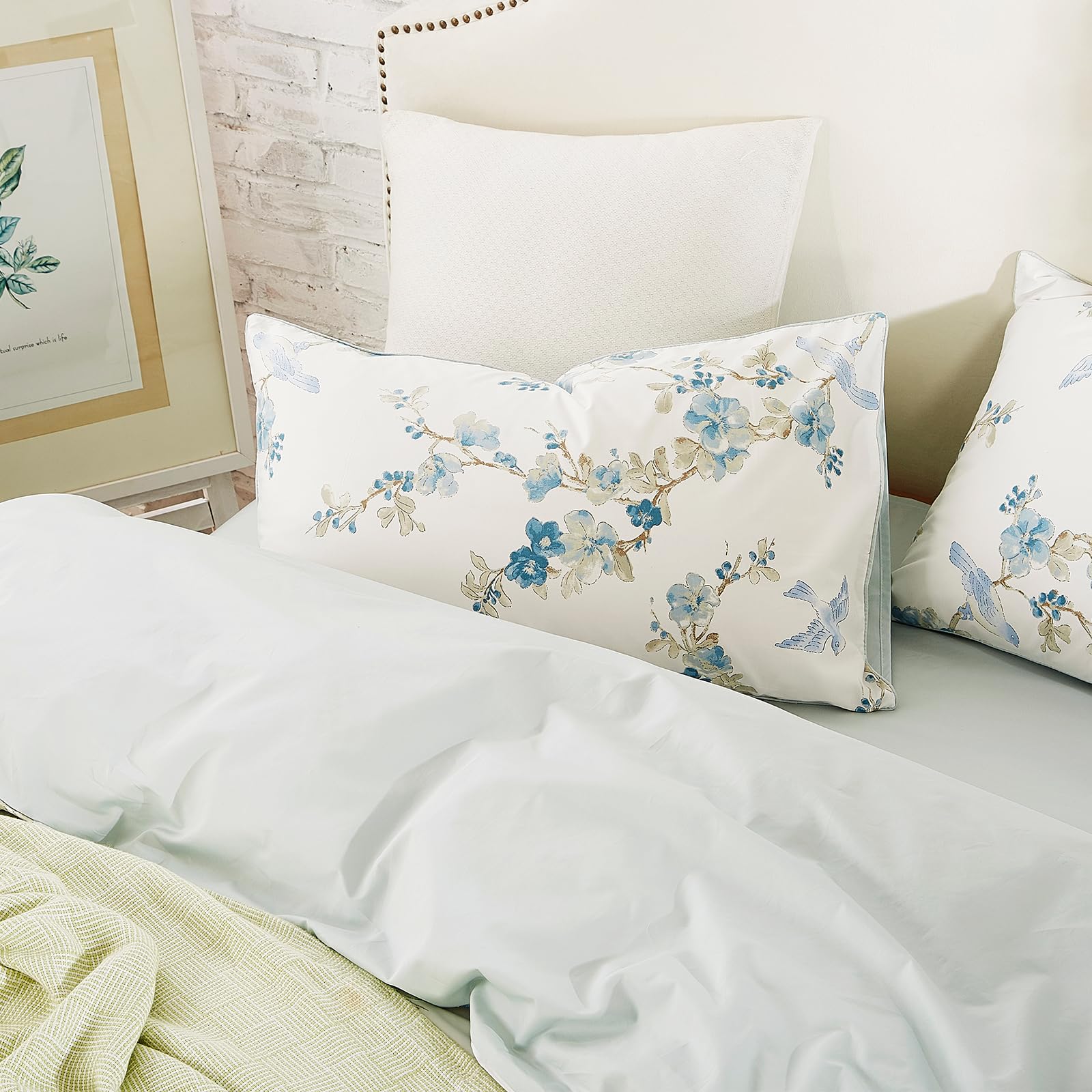 Mixinni Blue And White Floral Duvet Cover King Long Staple Cotton Reversible Design Duvet Cover Set, Cute Flowers Birds Bedding