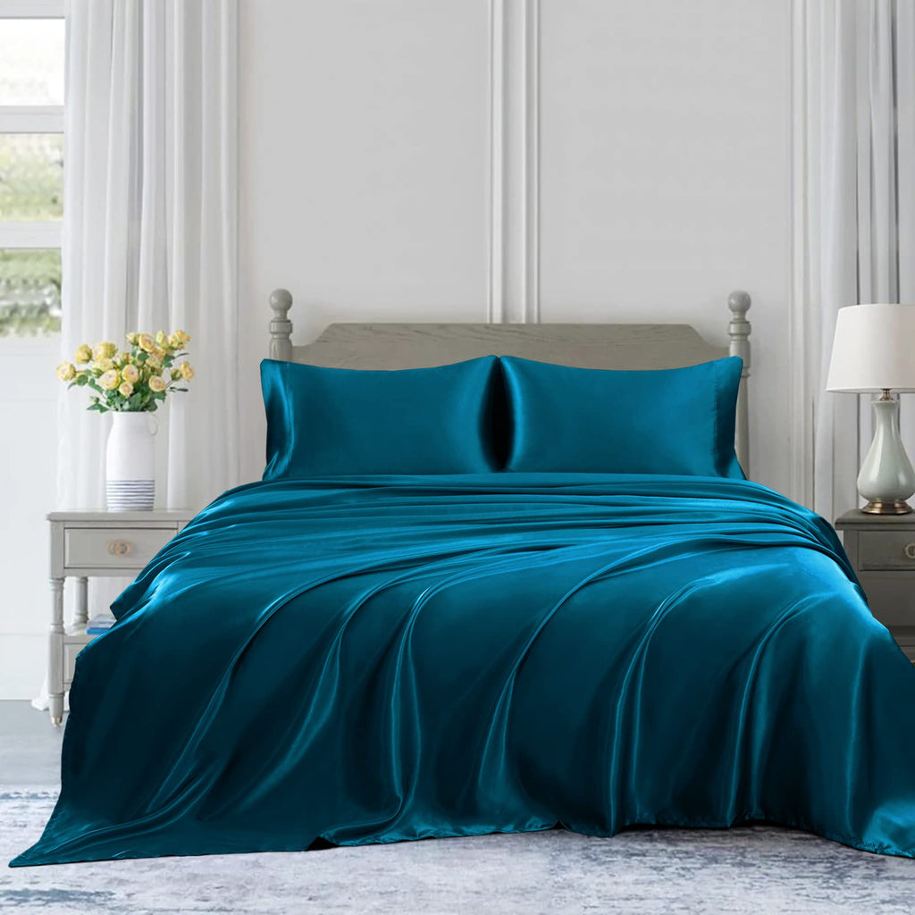 Homiest 4Pcs Satin Sheets Set Luxury Silky Satin Bedding Set With Deep Pocket, 1 Fitted Sheet + 1 Flat Sheet + 2 Pillowcases (Queen Size, Dark Teal)