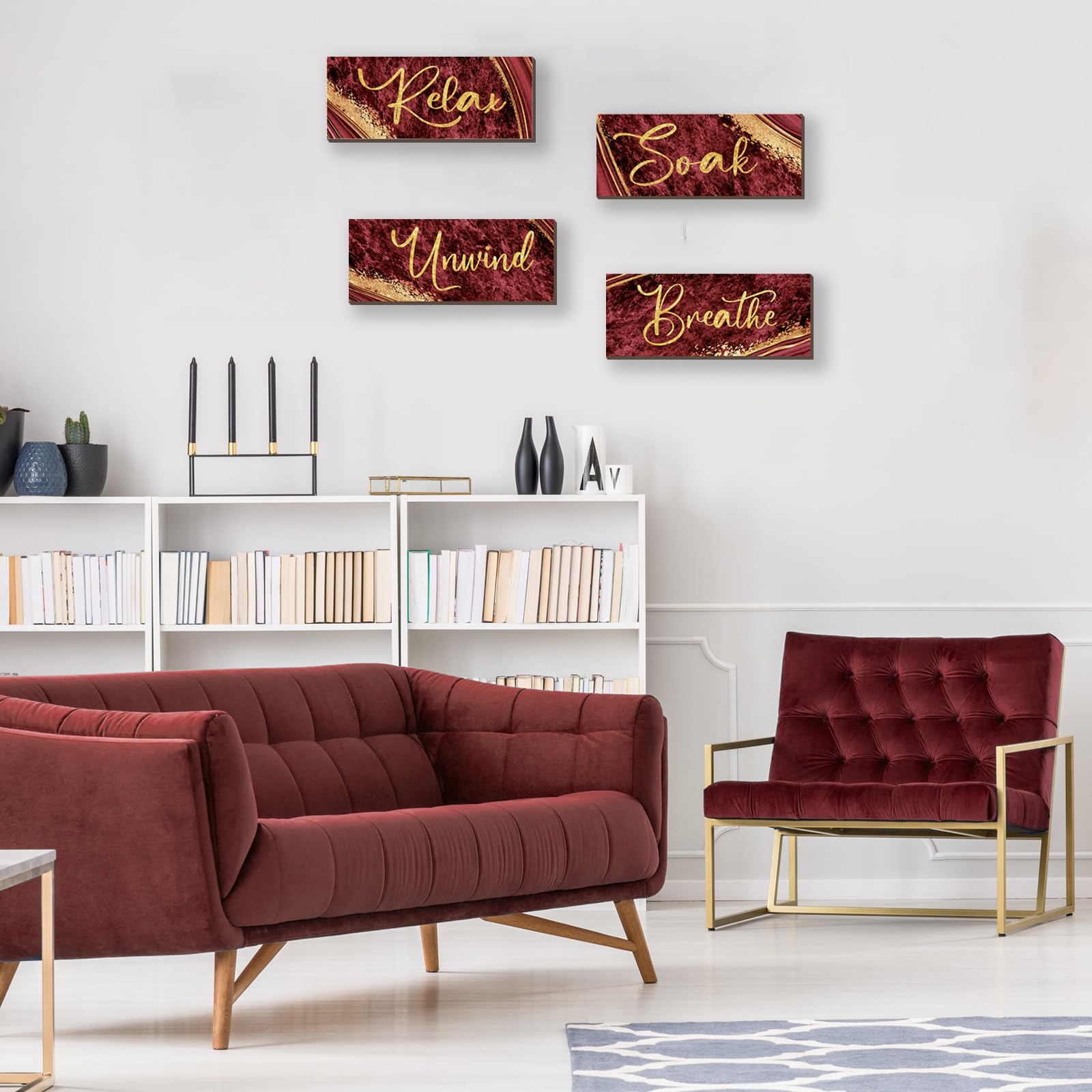Onizhity 4 Pcs Red And Gold Bathroom Decor Red Gold Wall Decor Relax Soak Unwind Breathe Wooden Rustic Red Marble Style Bathroom