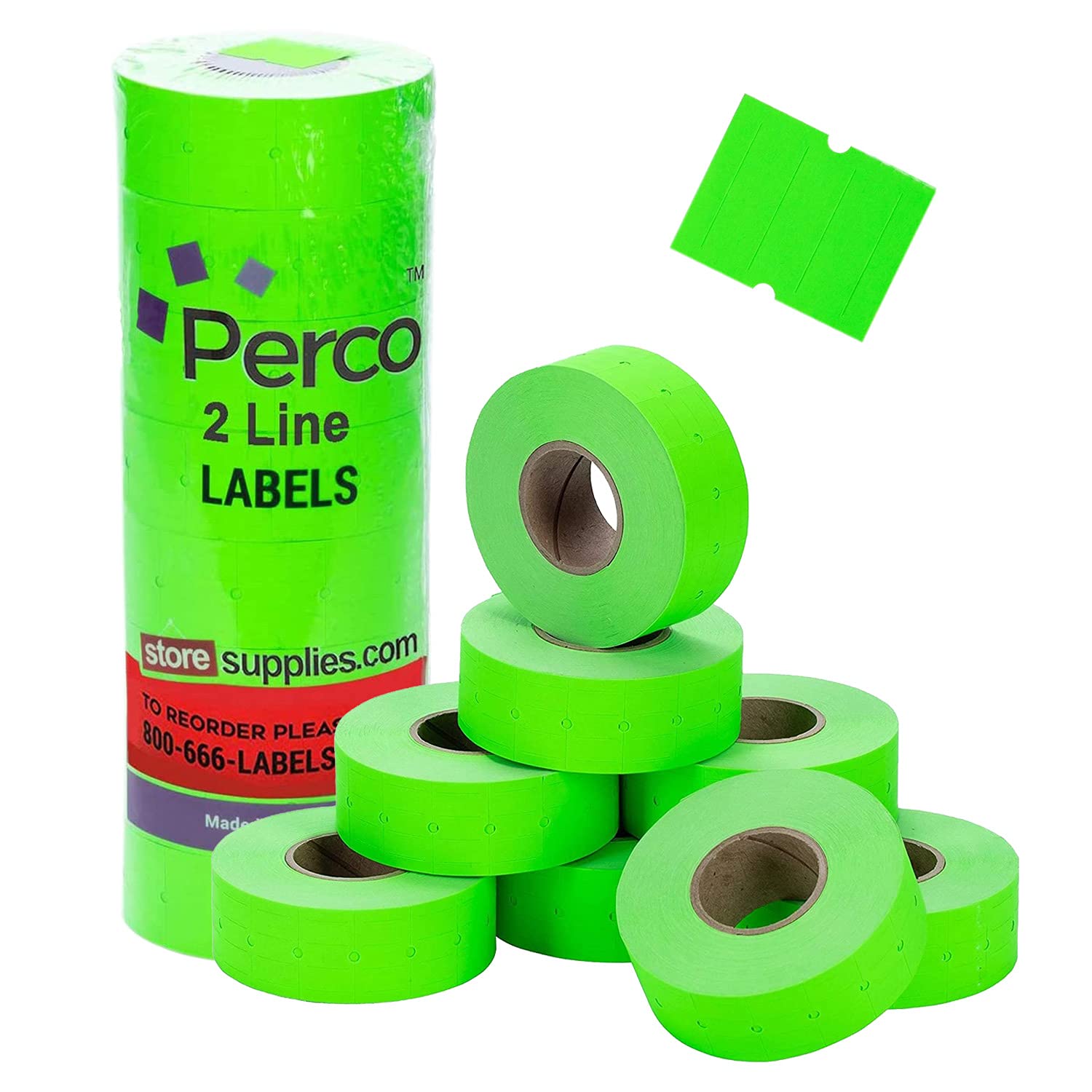 Perco Fluorescent Green Perco Labels For Perco 2 Line Labeler Gun - 1 Sleeve, 6,000 Labels