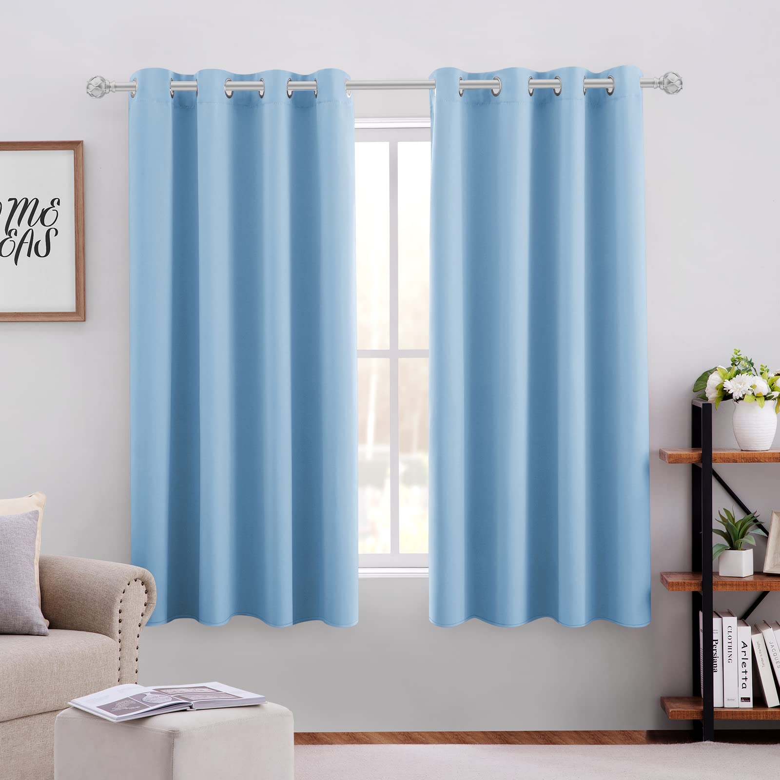 Homeideas Blackout Curtains For Bedroom 52 X 63 Inch 2 Panels Baby Blue Room Darkening Curtains, Soundproof Thermal Grommet Wind