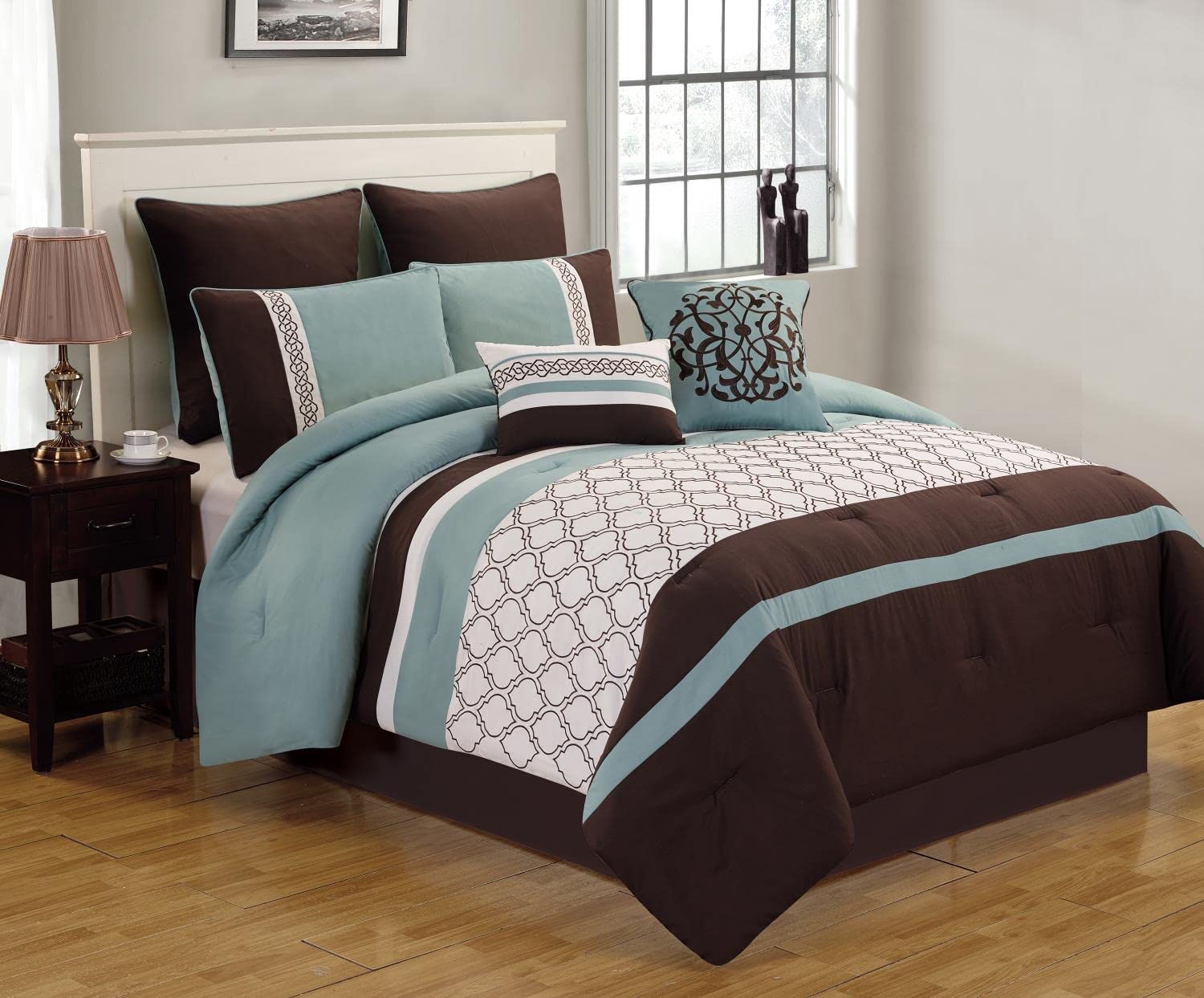 Riverbrook Home 75456 Tolbert Comforter Set, Blue/Brown/Ivory, 8Piece, King