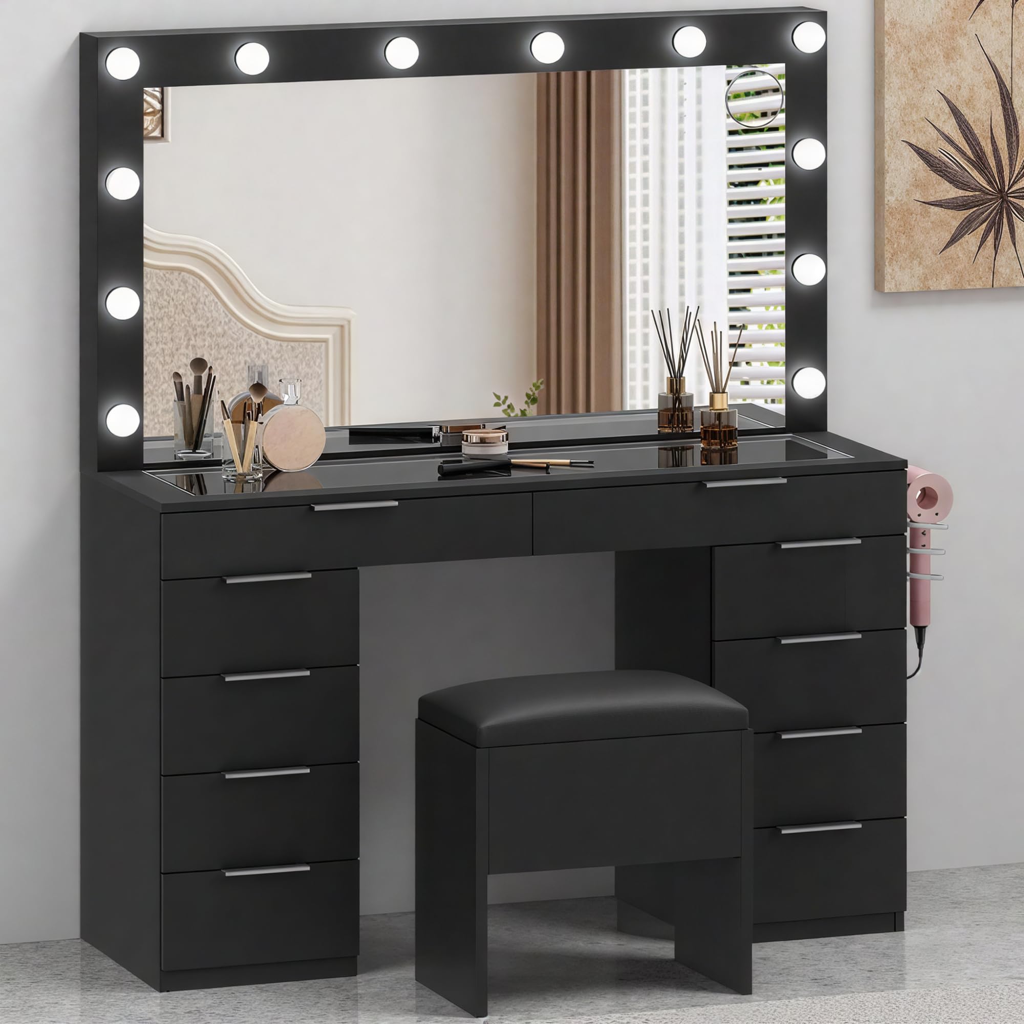 DWVO Glass Top Makeup Vanity Desk, 46 Vanity Set with Mirror and Lights, 10 Storage Drawer, Power Outlet, Chair, Makeup Table Se