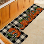 Geeory Fall Kitchen Mats Set Of 2, Buffalo Plaid Pumpkins Bowknot Floor Mat Farmhouse Seasonal Holiday Thanksgiving Decorations