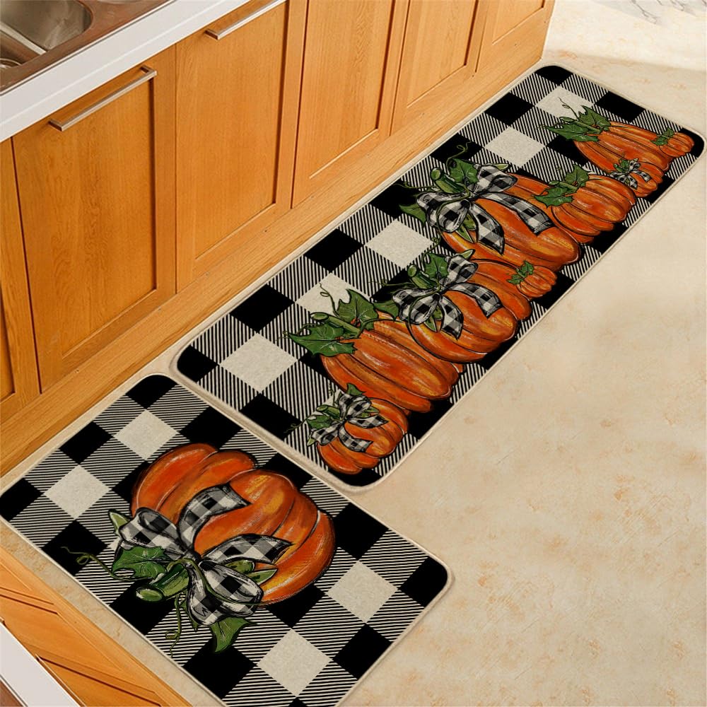 Geeory Fall Kitchen Mats Set Of 2, Buffalo Plaid Pumpkins Bowknot Floor Mat Farmhouse Seasonal Holiday Thanksgiving Decorations