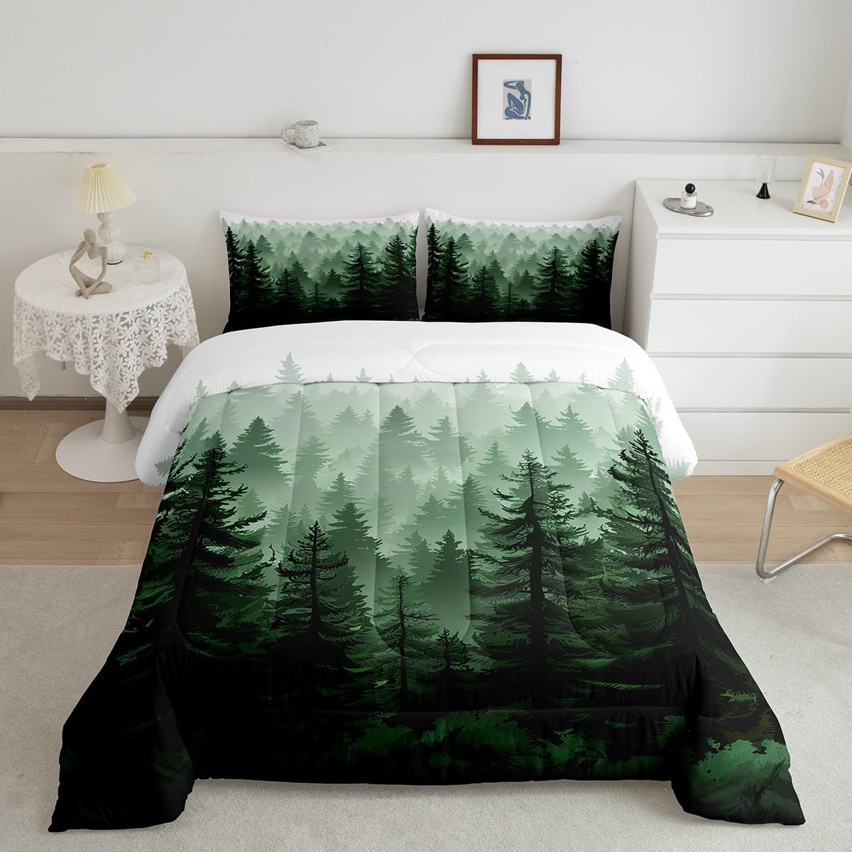 Fog Forest Comforter Botanical Pine Trees Comforter Set For Boys Girls Children Watercolor Style Green Comforter Set Room Decor