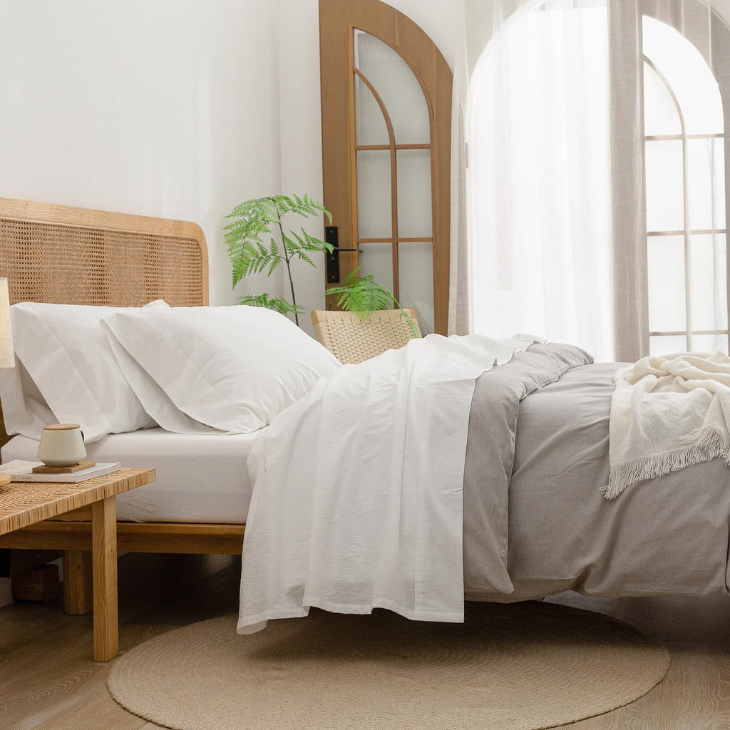 BESTOUCH Sheet Set 100% Washed Cotton Linen Feel Super Soft Comfortable Chic Lightweight 3 Pcs Home Bedding Set Solid Off White 