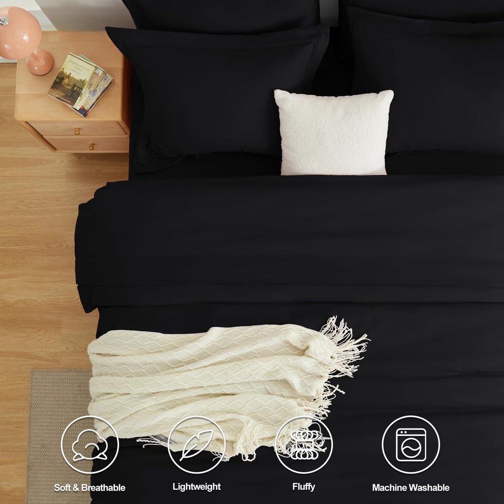 Cozylux Queen Comforter Set Black, 7 Pieces Bed In A Bag Soft Bedding Comforter Set With Sheets, All Season Boho 7Pc Bed Sets With Comforter, Fitted Sheets, Flat Sheets, Pillow Shams And Pillowcases