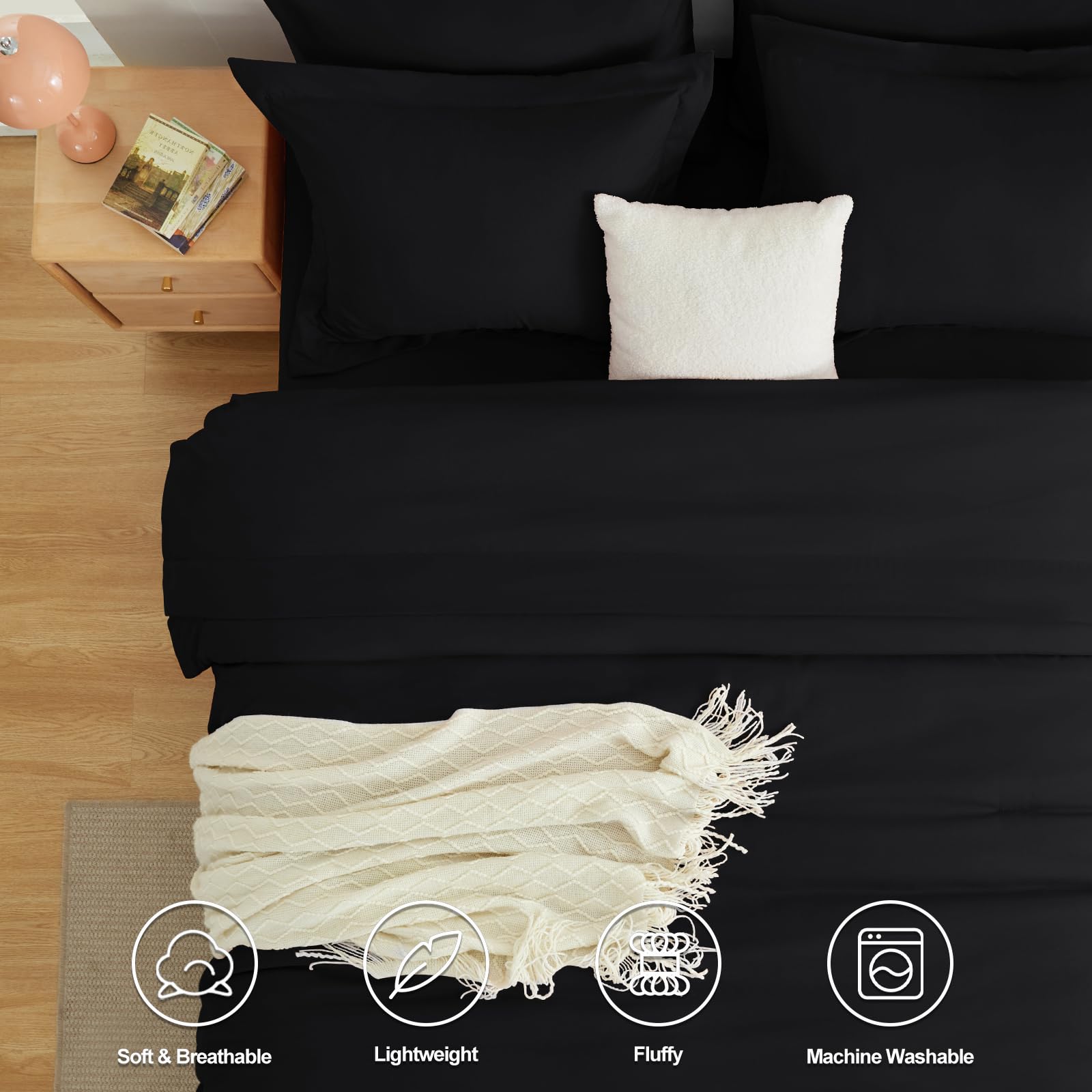 Cozylux Full Comforter Set Black, 7 Pieces Bed In A Bag Soft Bedding Comforter Set With Sheets, All Season Boho 7Pc Bed Sets With Comforter, Fitted Sheets, Flat Sheets, Pillow Shams And Pillowcases