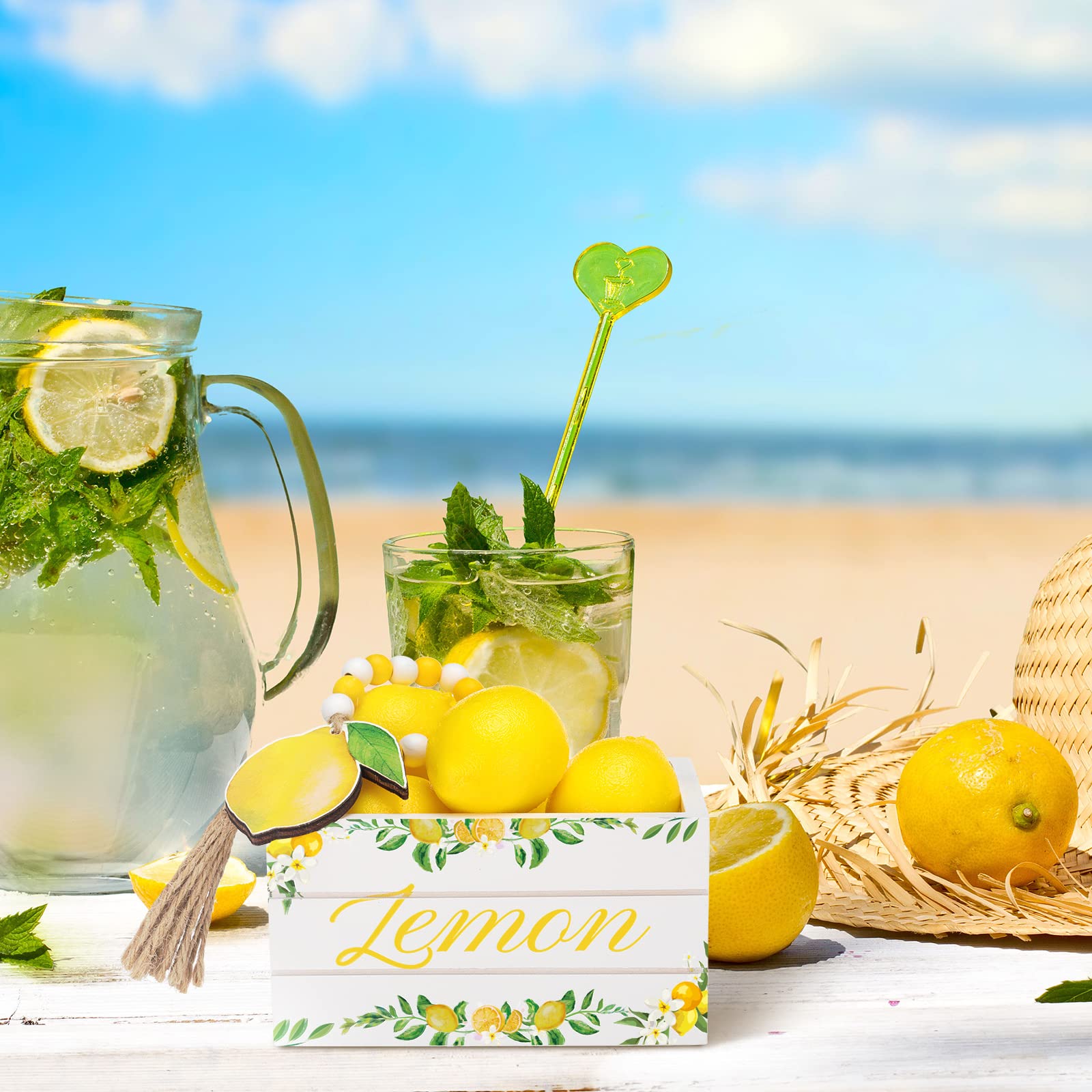 Lemon Mini Crate Summer Tiered Tray Decor With 8 Faux Lemons With Wood Bead Tassel Farmhouse Lemonade Kitchen Decorations Summer