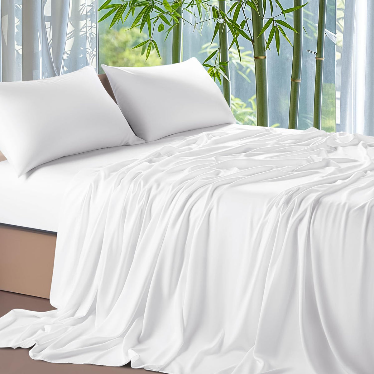 Shilucheng 100% Viscose Derived From Bamboo_ Sheets Queen Size 4Pcs - Ultra Cooling & Silky Soft Bed Sheets, 16' Deep Pocket, P