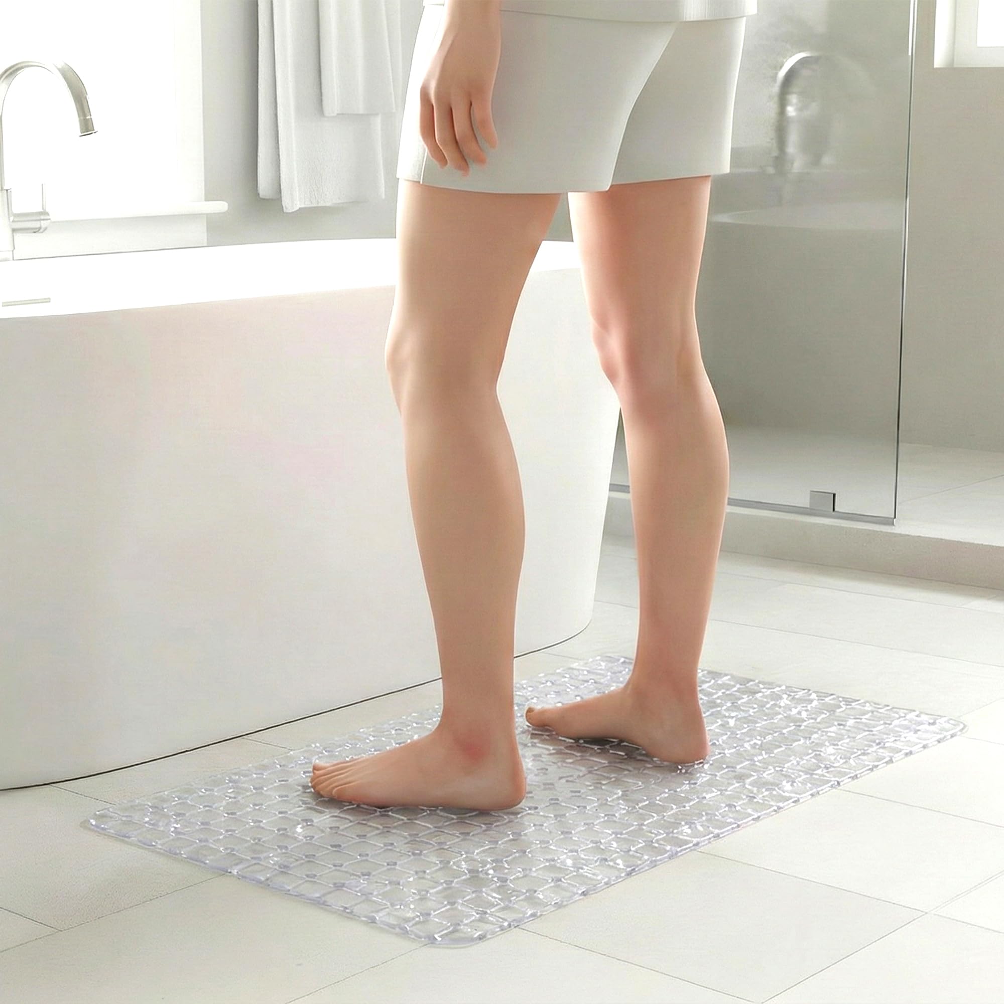 Kuber Industries PVC Anti Skid Check Bath Mat for Wash Room with Foot Scrubber | Bath Room Rectangle Shower Mat Drain Holes & Su