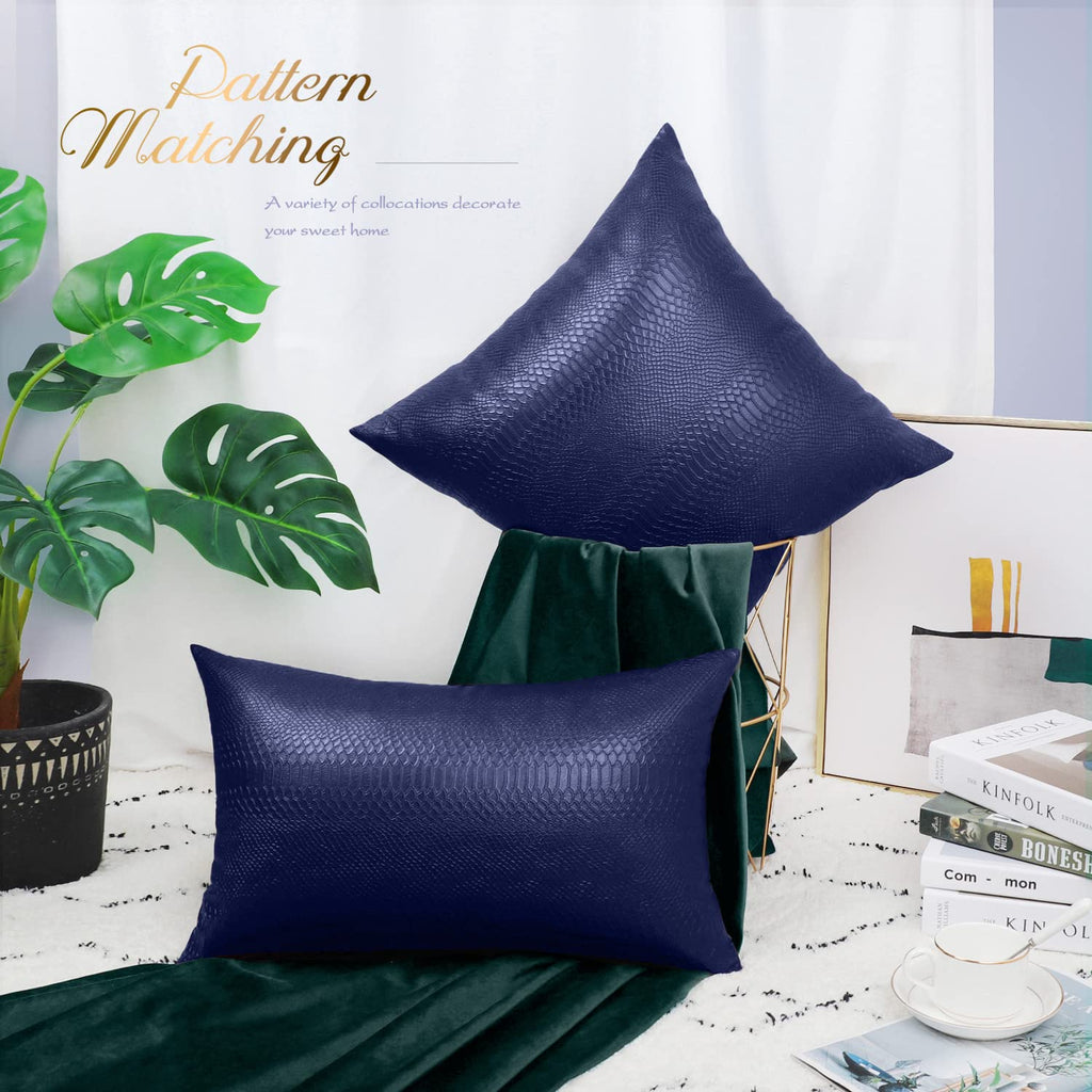 Brawarm Navy Blue Leather Throw Pillows 12 X 20 Inches, Snake Leather Pillow Covers Pack Of 2, Faux Leather Decorative Lumbar Pi