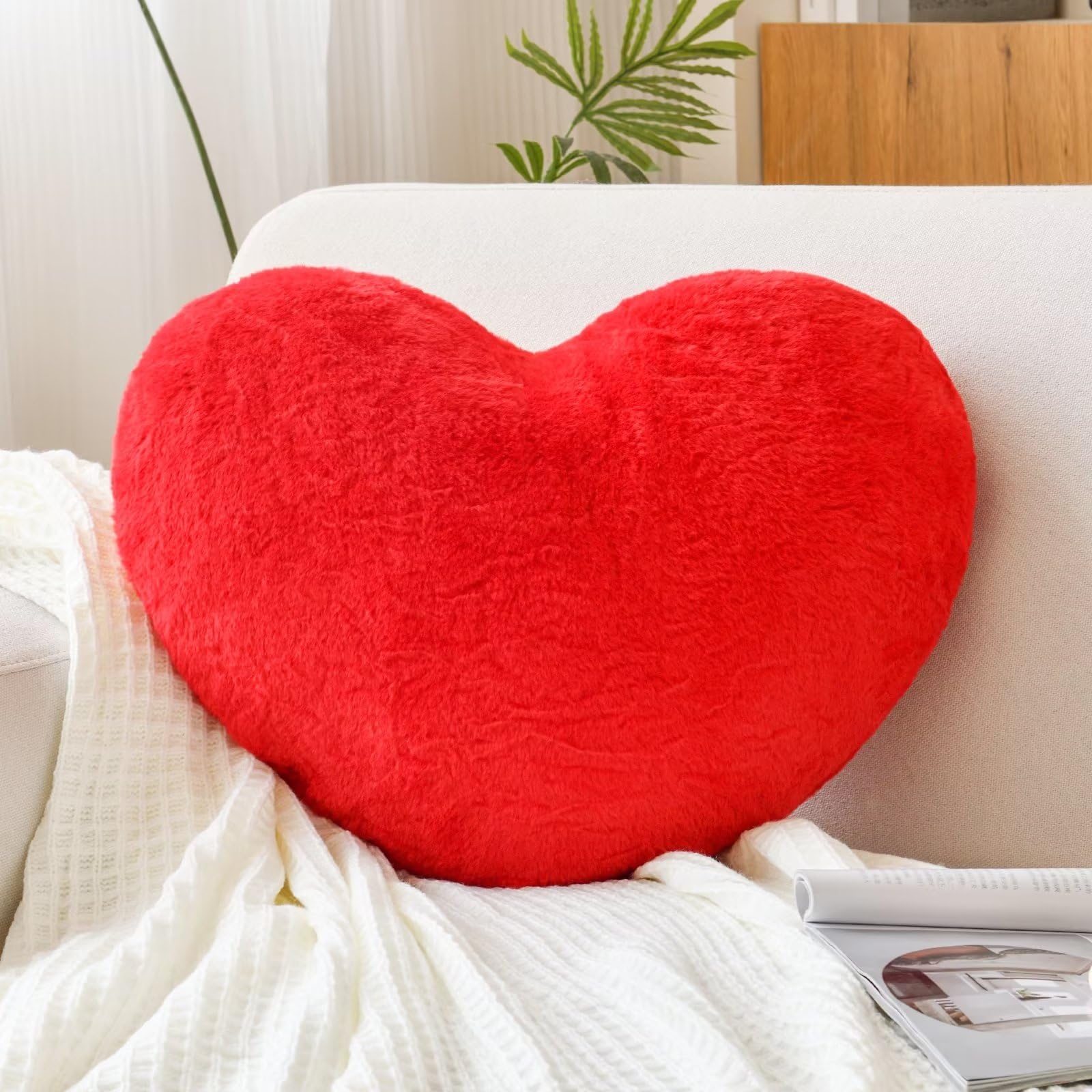 Xvtru Heart Pillow, Soft Red Heart Shaped Pillow, Cute Faux Rabbit Fur Room Decorative Throw Pillow, 19.6'X15.7' Heart Plush C