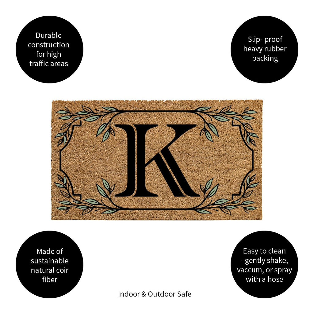 Evergreen Monogram Coir Doormat | Letter K | Front Door Mat For Outdoor Indoor Entrance | 28X16 Inches | Non-Slip Backing Doorwa