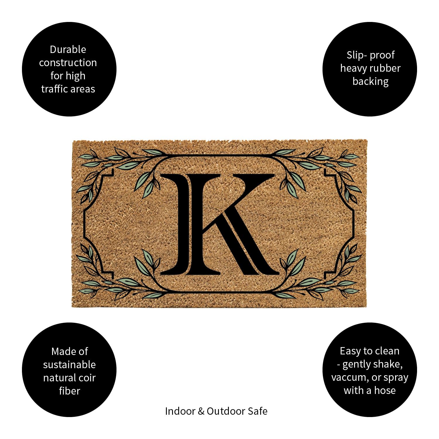Evergreen Monogram Coir Doormat | Letter K | Front Door Mat For Outdoor Indoor Entrance | 28X16 Inches | Non-Slip Backing Doorwa