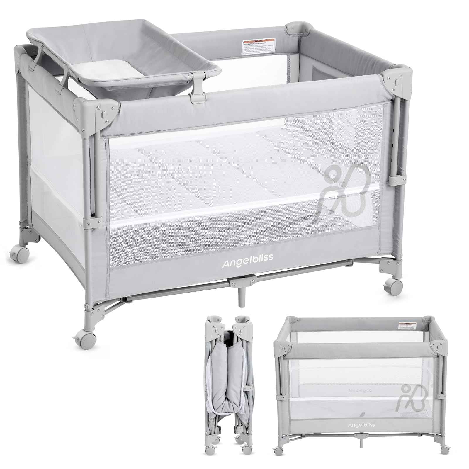 ANGELBLISS Baby Bassinet Bedside Crib, Pack and Play with Mattress, Diaper Changer, One-Push Setup Playards from Infants to Todd