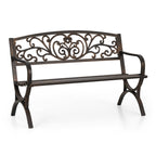 Phi Villa 50Inch Cast Iron Steel Frame Garden Bench Patio Furniture Chair Outdoor Bench W/Floral Design Backrest, Slatted Seat For Park, Yard & Porch, Bronze