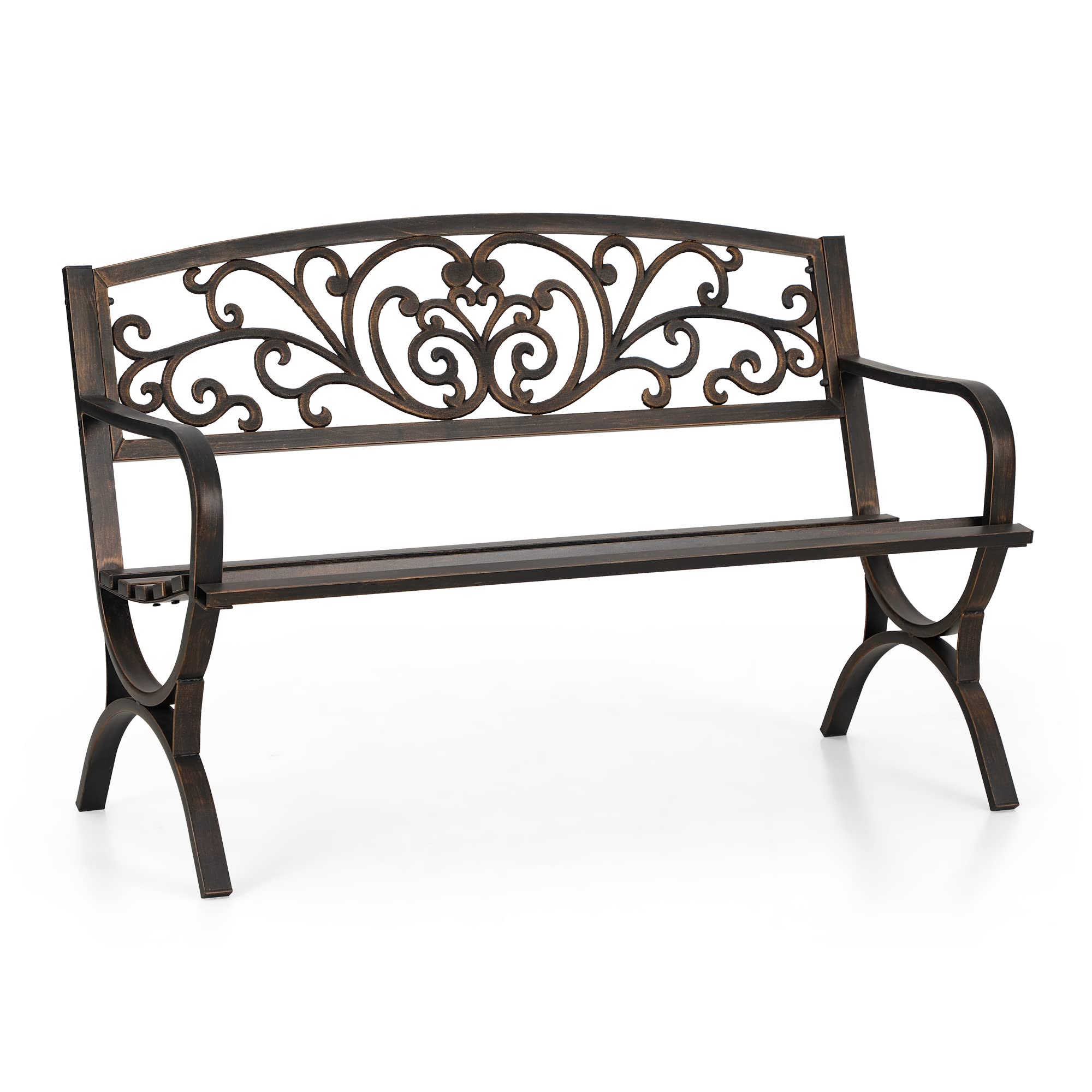 Phi Villa 50Inch Cast Iron Steel Frame Garden Bench Patio Furniture Chair Outdoor Bench W/Floral Design Backrest, Slatted Seat For Park, Yard & Porch, Bronze