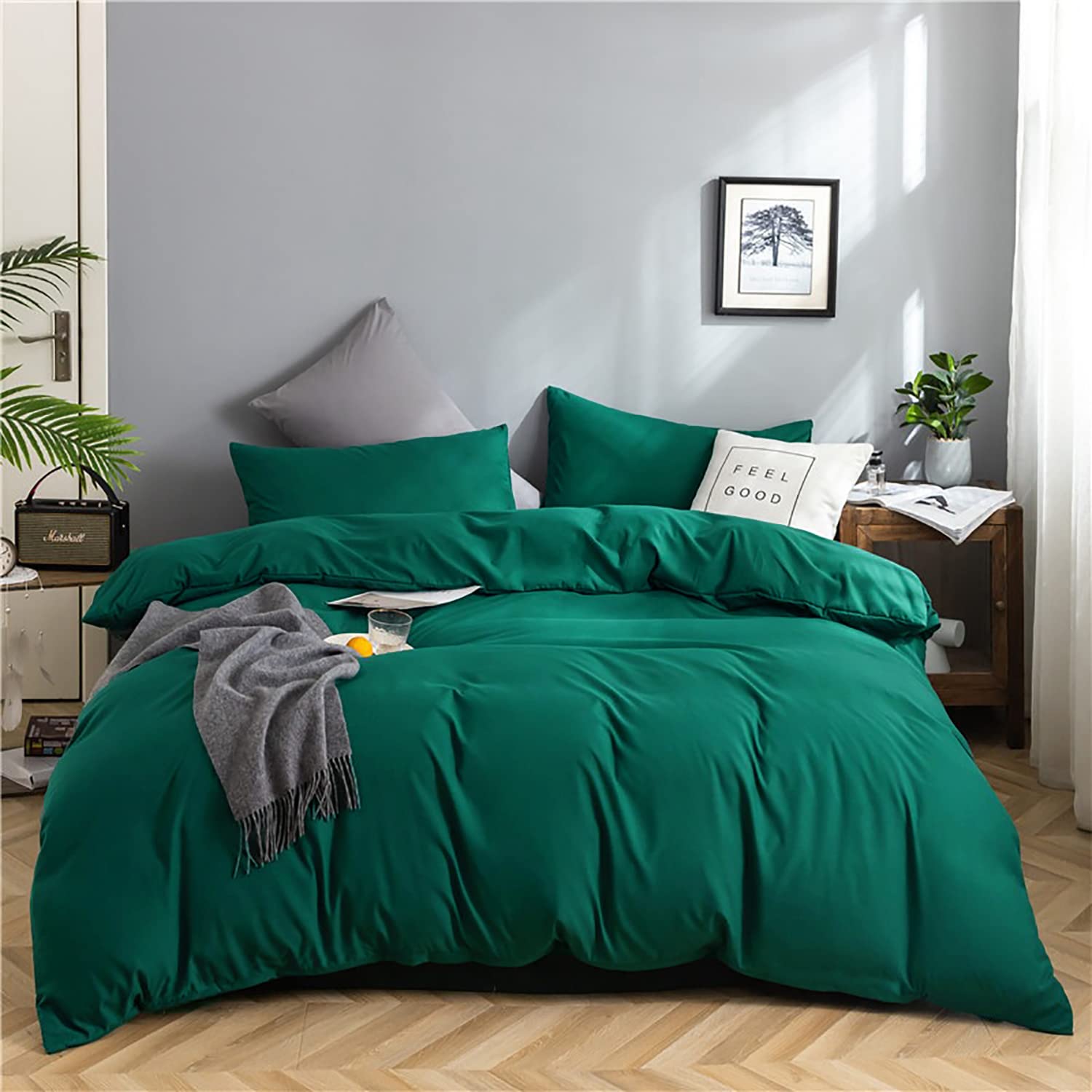 Karever Green Comforter Set Queen Dark Green Bedding Set Soft Lightweight Pure Emerald Green Comforter Men Women Durable Green Q