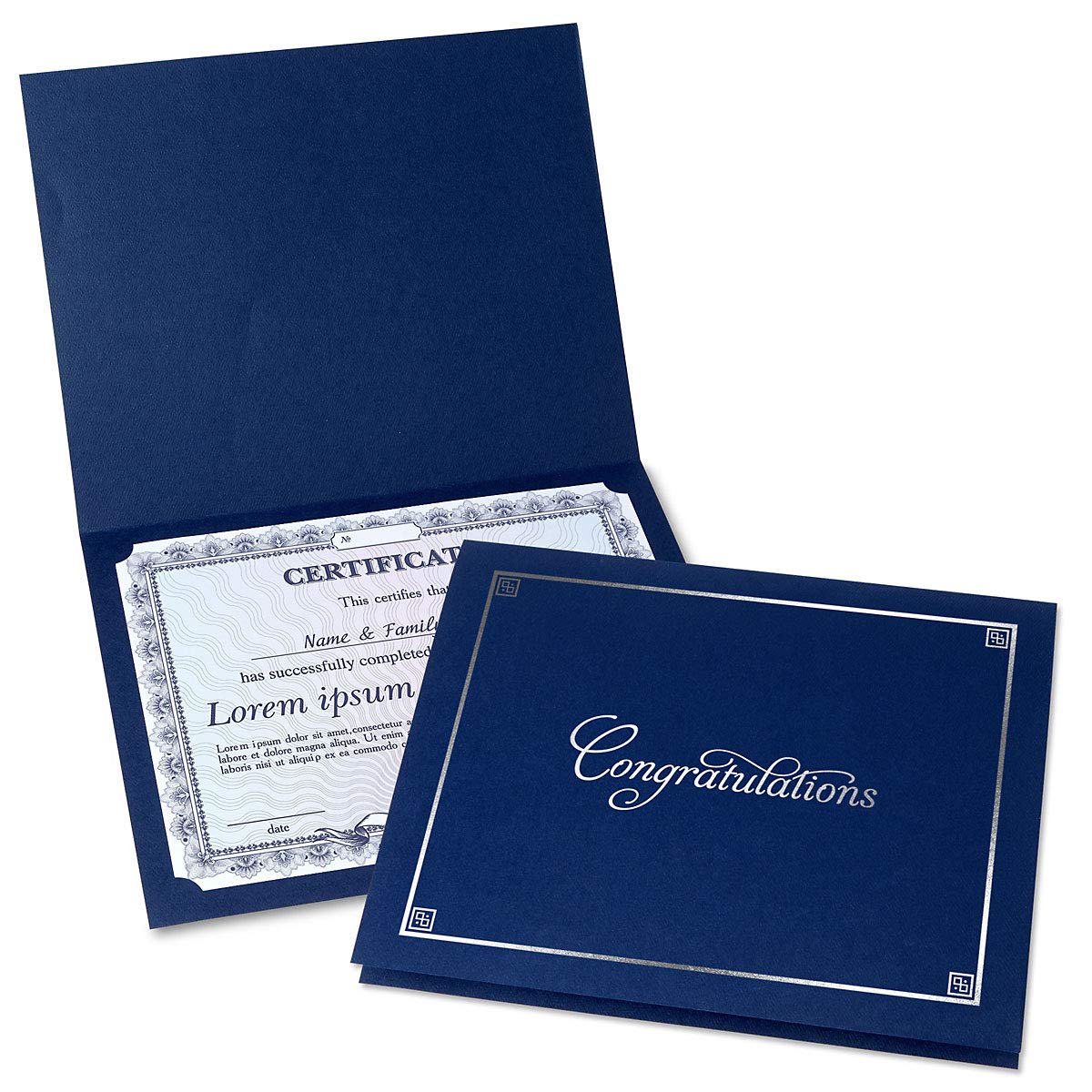 Congratulations Blue & Silver Certificate Folders - Pack Of 25, Linen Cover 80 Lb. Stock, Folded, Die-Cut Corners, For Office, B