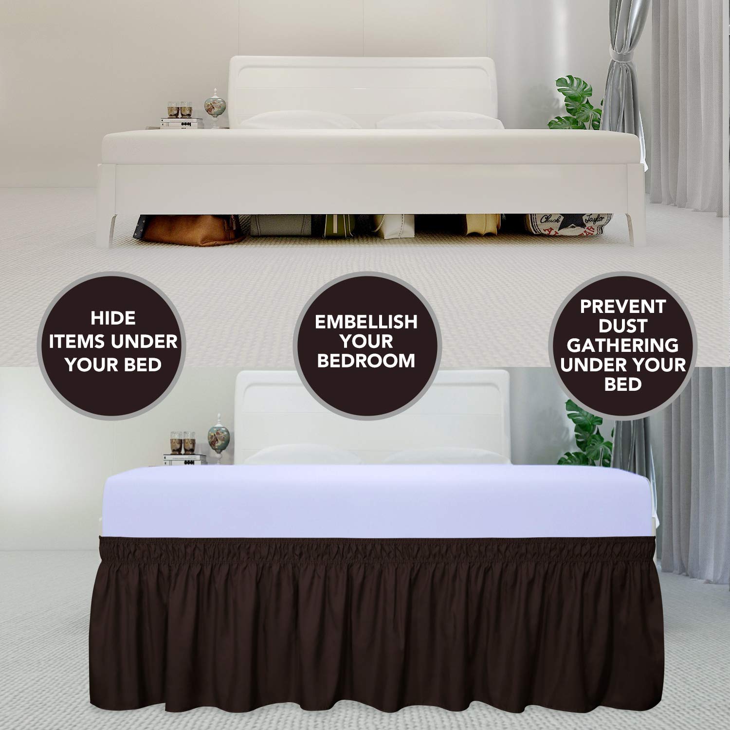 Purefit Wrap Around Ruffled Bed Skirt With Adjustable Elastic Belt - 18 Inch Drop Easy To Put On, Wrinkle Free Bedskirt Dust Ruffles, Bed Frame Cover For Twin,Twin Xl And Full Size Beds, Chocolate