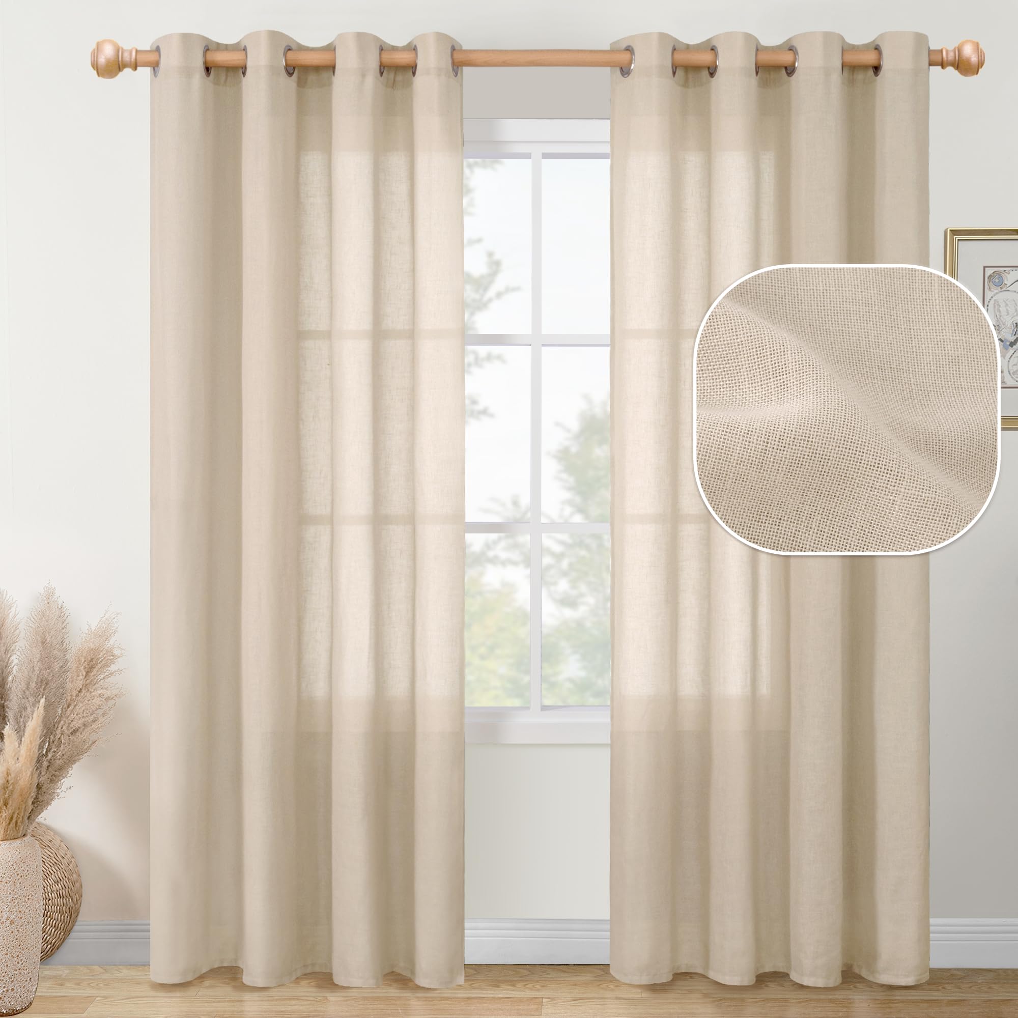 Youngstex Tan Linen Sheer Curtains 84 Inches Length Light Filtering Living Room Window Drapes Lightweight Textured For Bedroom D