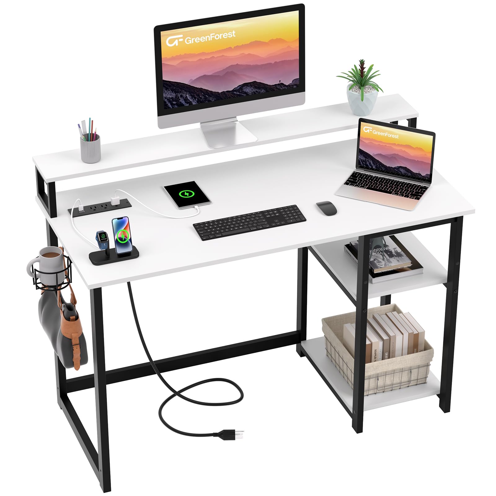 GreenForest Computer Desk with USB Charging Port and Power Outlet, Reversible Home Office Desk with Monitor Stand Storage Shelve