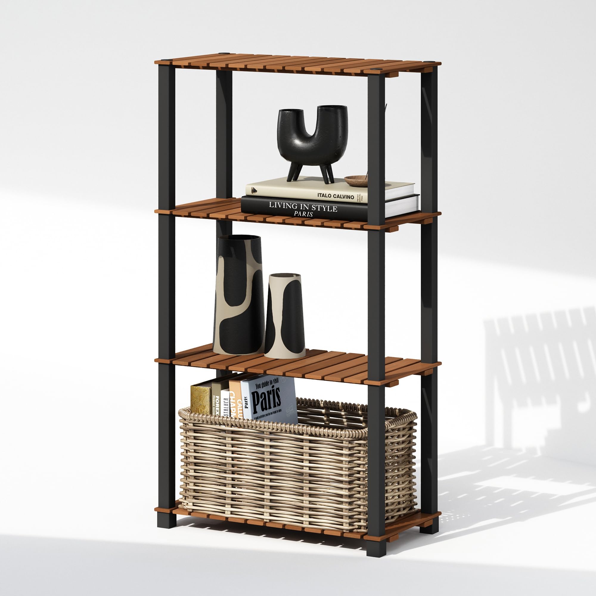 Turn-N-Tube 4-Tier Wood Slat Multipurpose Shelf Display Rack with Square Poles