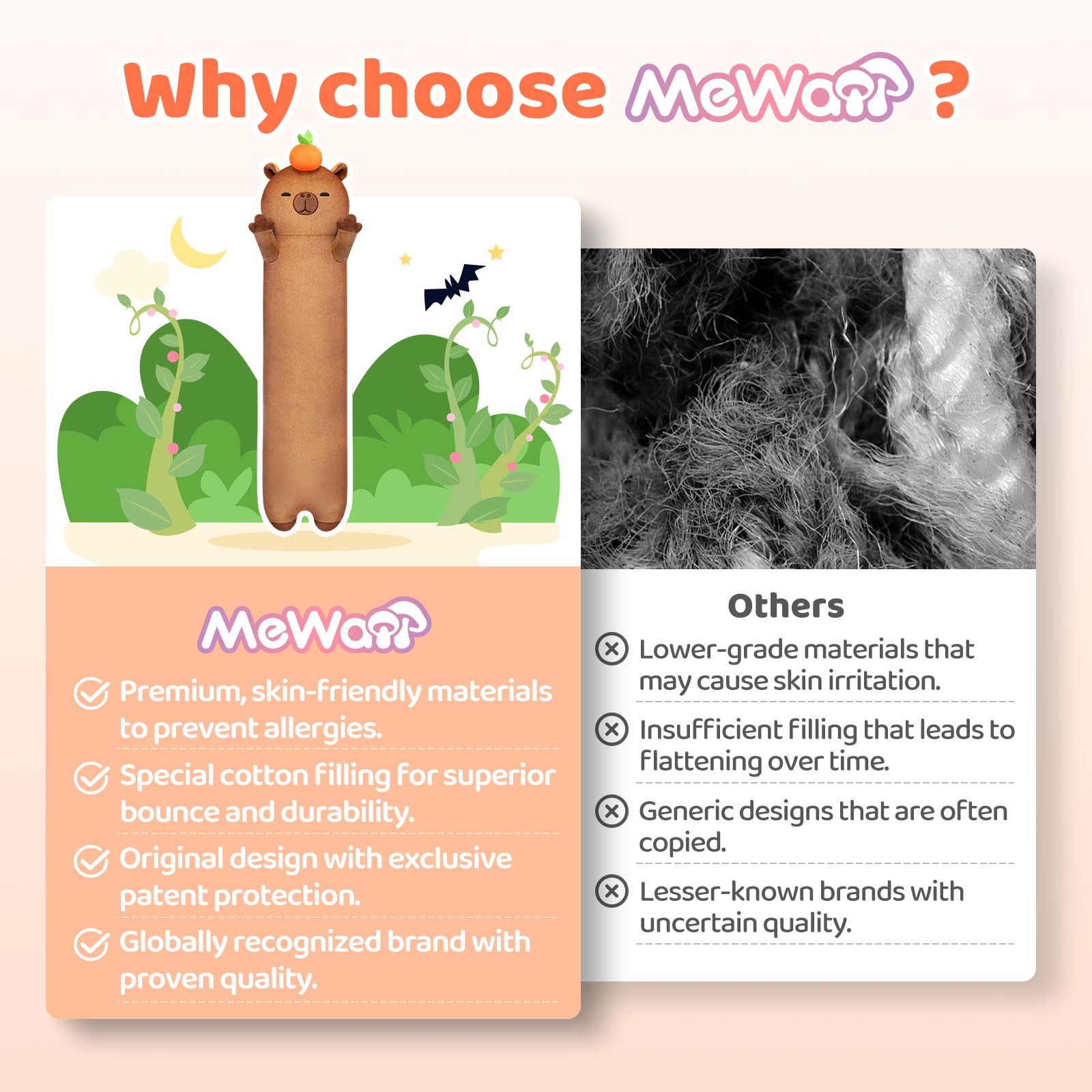 Mewaii Long Plush Capybara Body Pillow, Cute Capybara Stuffed Animals Soft Plushies, Squishy Big Cuddle Pillow Toys Gift For Gir