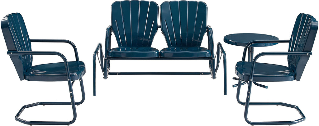 Crosley Furniture Ridgeland 4-Piece Retro Metal Outdoor Loveseat Glider Patio Furniture Set for Porch, Deck, Navy Gloss