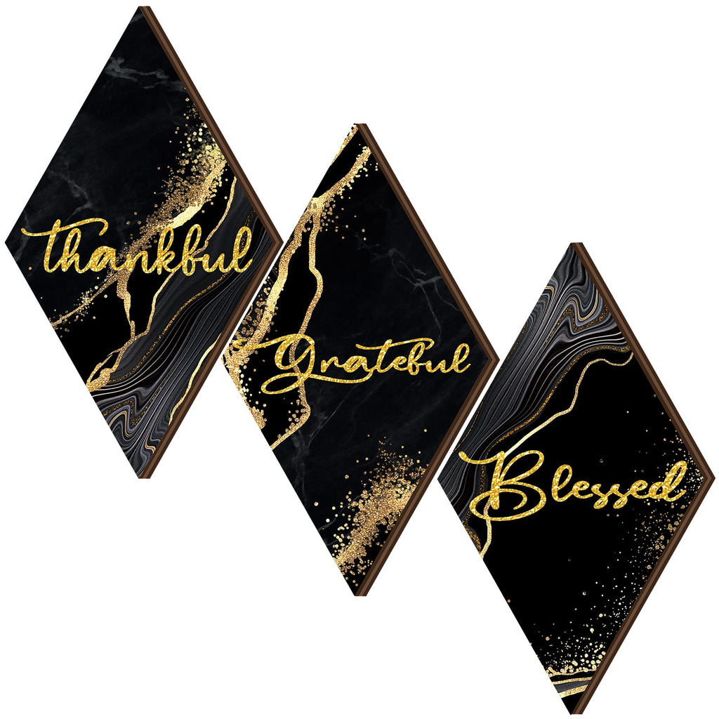 Qunclay 3 Pcs Marble Style Bathroom Wall Decor Thankful Grateful Blessed Wall Decor Black and Gold Farmhouse Rustic Art Wall Dec