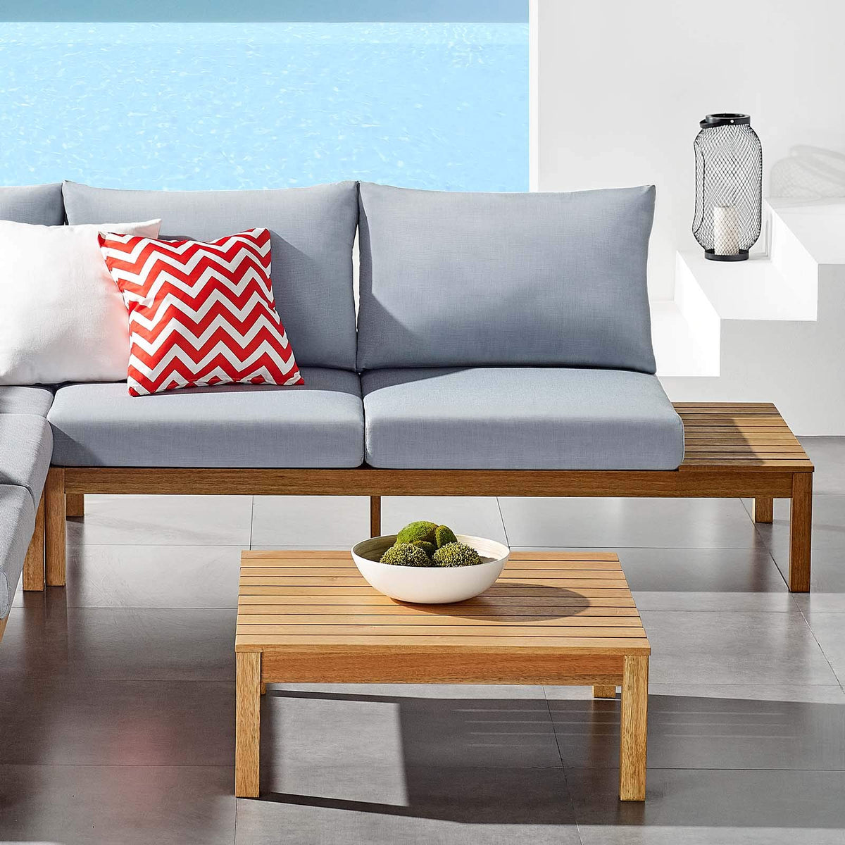 Modway Eei-3693-Nat-Lbu Outdoor Patio Karri Wood Loveseat With Right-Facing Side End Table In Natural Light Blue