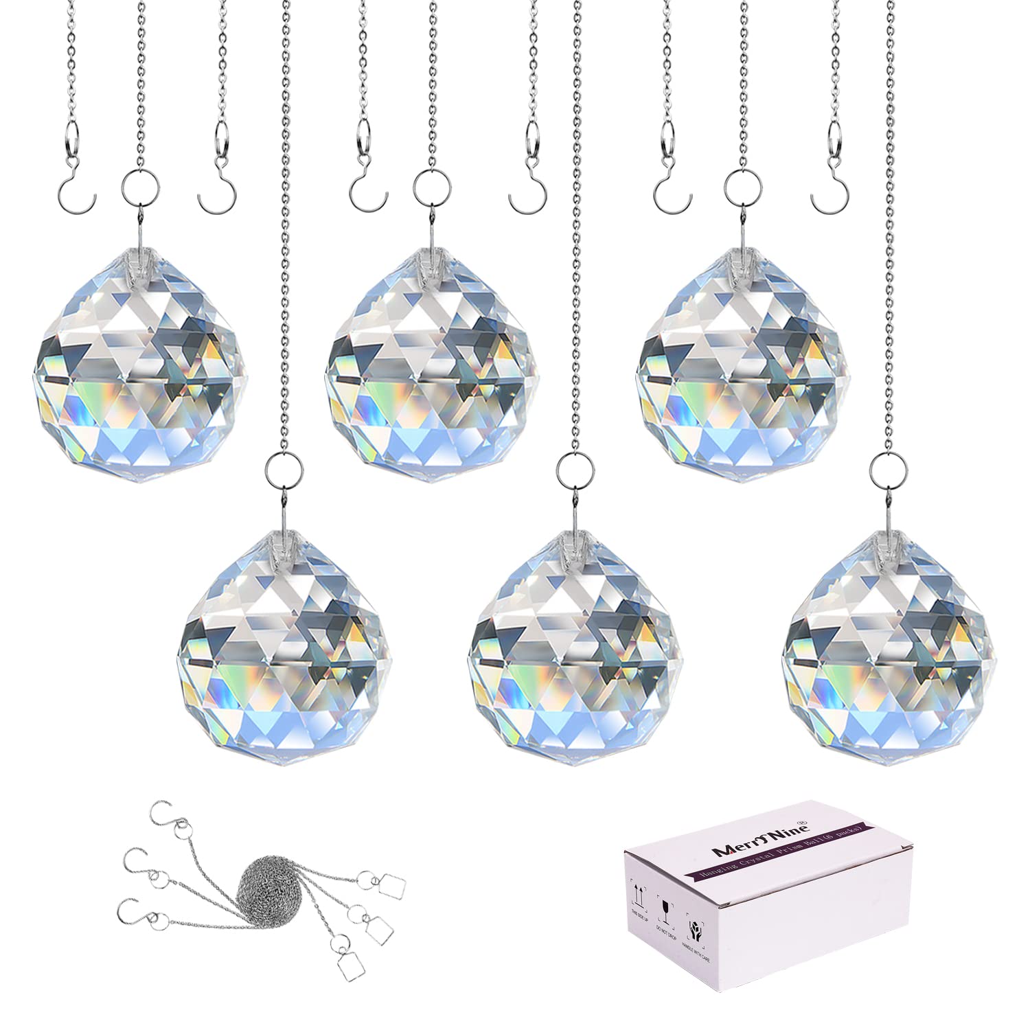 Merrynine 6 Pcs Clear Crystal Ball Prism Sun Shine Catcher Rainbow Pendants Maker, Hanging Crystals Prisms For Windows, For Feng