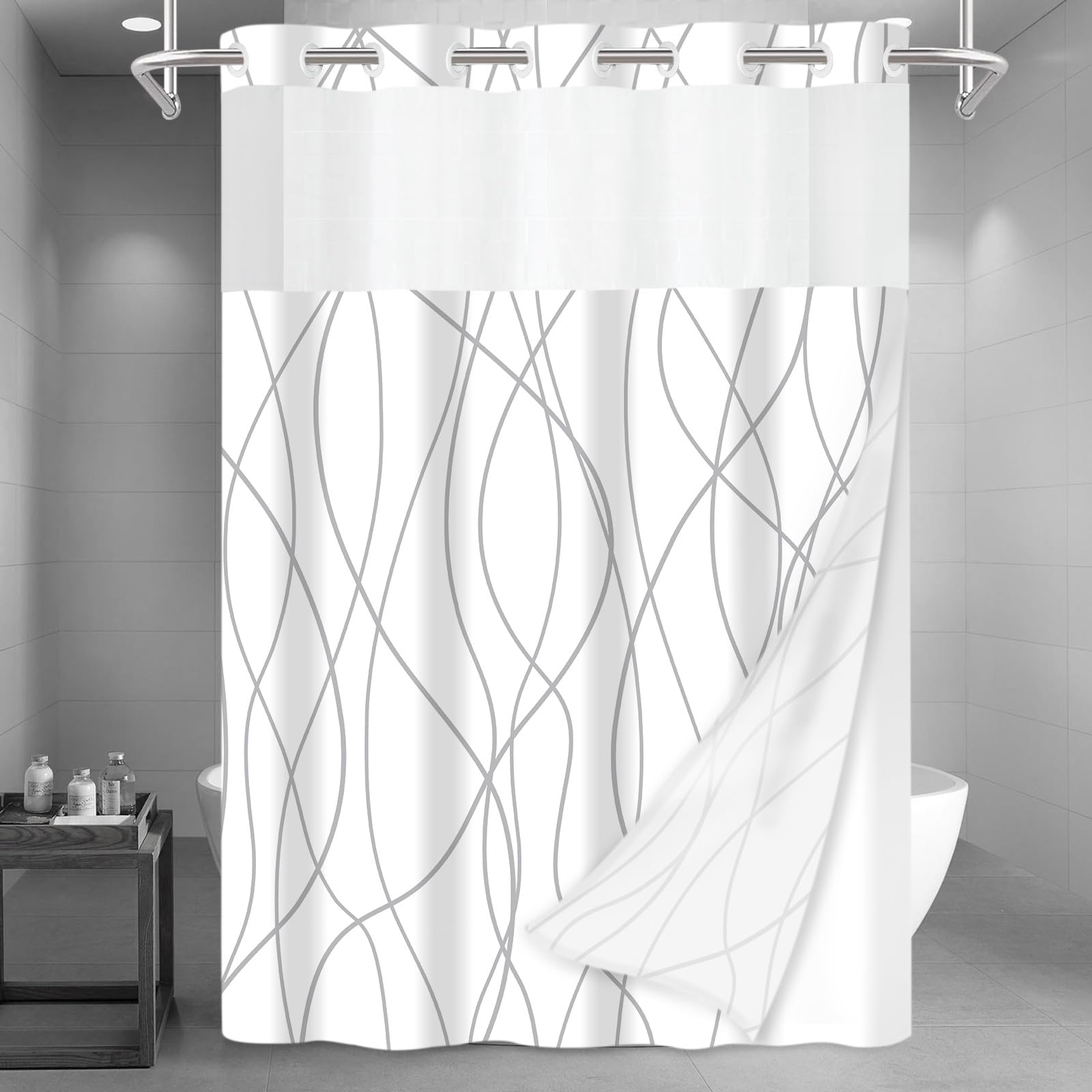 LXBNI No Hook Grey White Striped Long Shower Curtain with Snap in Fabric Liner Set - Hotel Shower Curtain and Liner Set with See