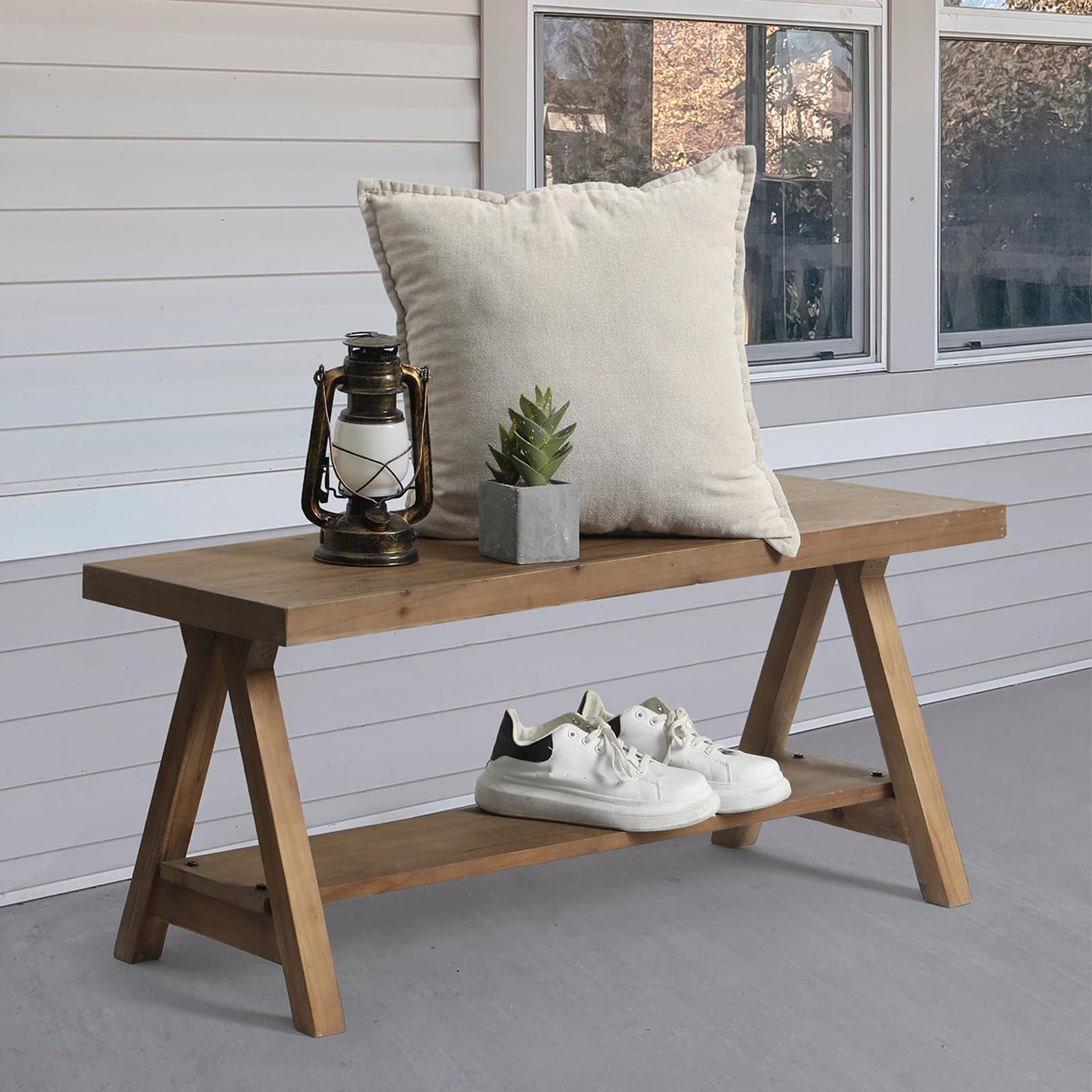 RowyPoey Solid Wood Bench, 43 Farmhouse Entryway Bench for Living Dining Room, Rustic Storage Bench Seat for Indoors and Outdoor