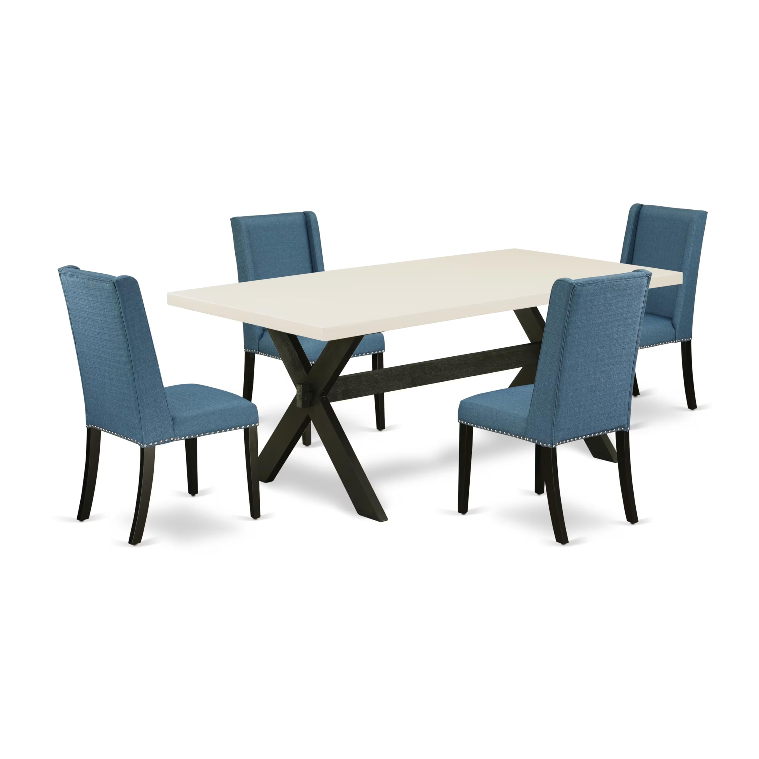 East West Furniture X627Fl121-5 5 Piece Dining Table Set For 4 Includes A Rectangle Kitchen Table With X-Legs And 4 Blue Linen Fabric Upholstered Parson Chairs, 40X72 Inch, Multi-Color